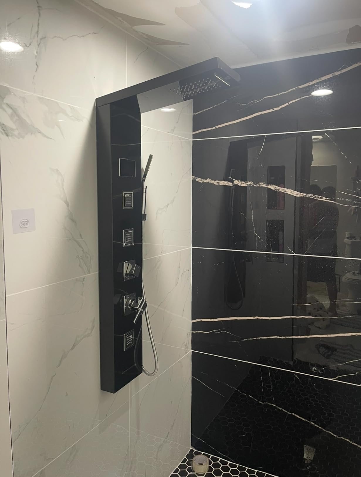 5-in-1 LED Shower Panel Tower System Stainless Steel Brushed Nickel | Rainfall + waterfall heads | 3 body jets | Handheld shower | Tub spout | LED lights | Wall mount customer photo 2