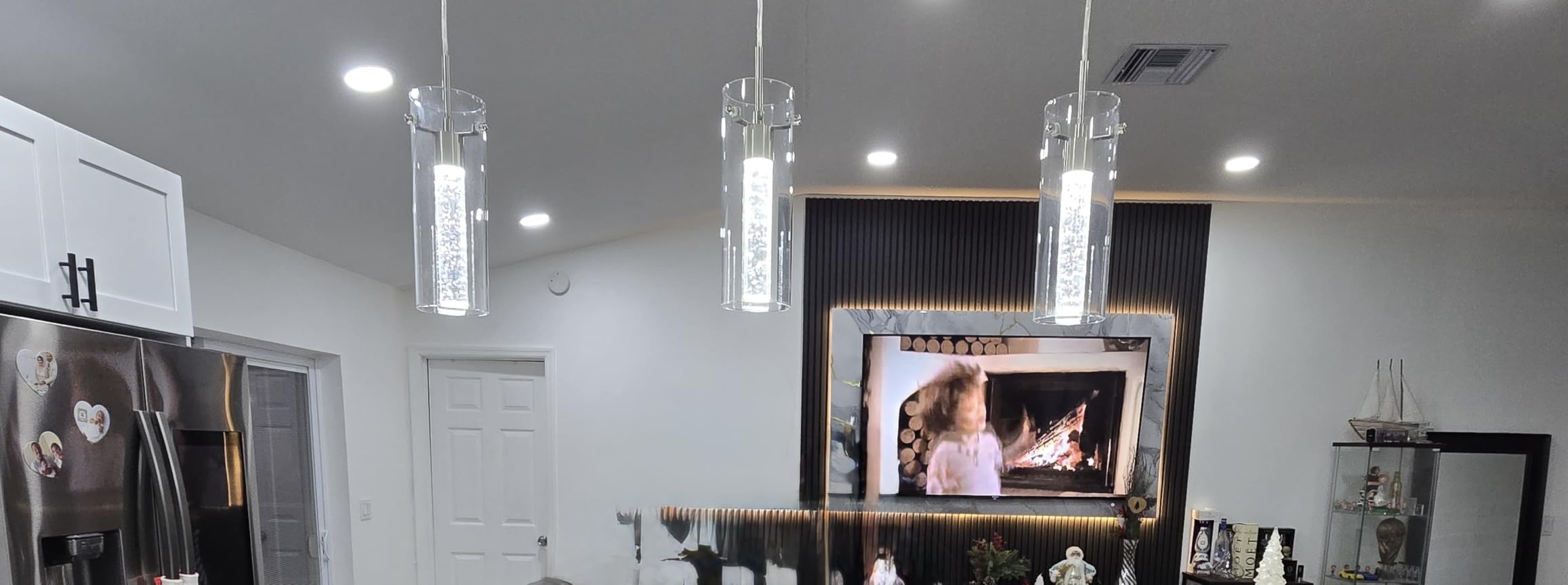Nickel Pendant Ceiling Light Fixture, 3 Pack Crystal Bubble Pendant Lights Kitchen Island with Clear Cylinder Glass Shade, 6500K Integrated LED customer photo 1