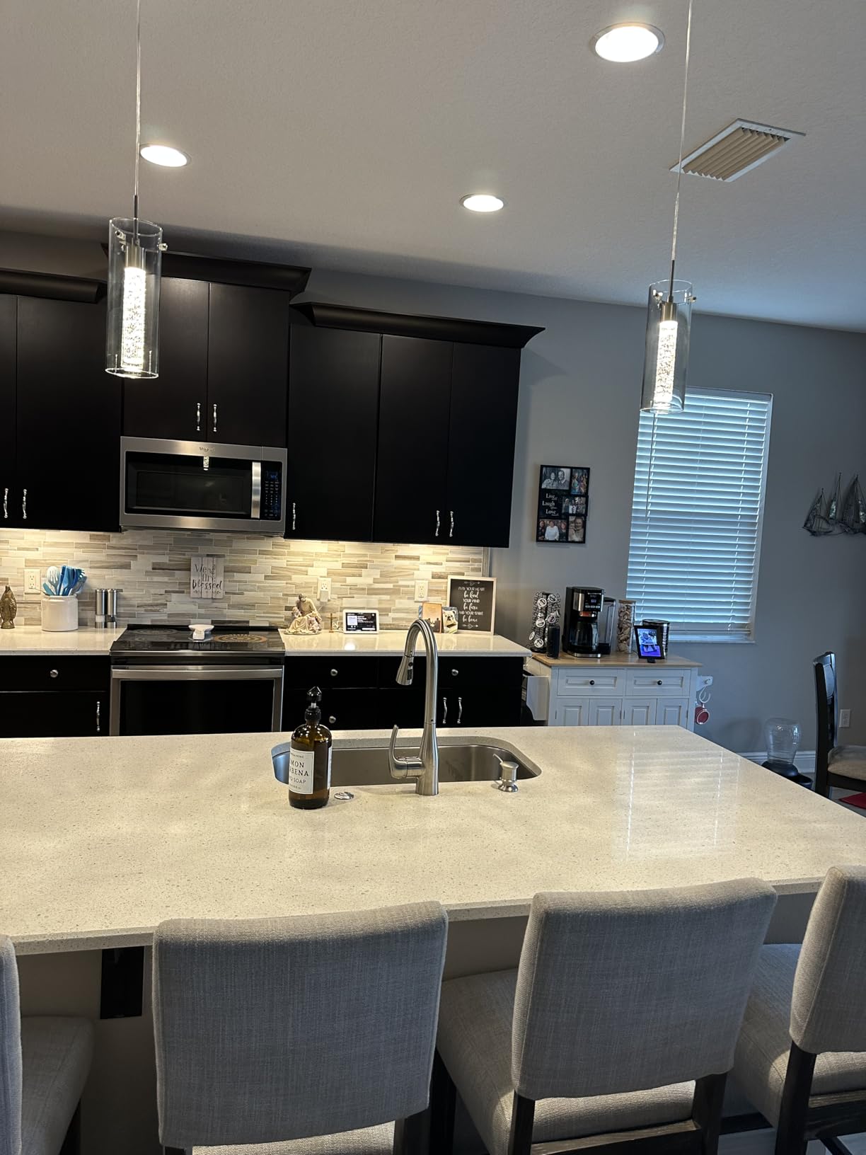 Nickel Pendant Ceiling Light Fixture, 3 Pack Crystal Bubble Pendant Lights Kitchen Island with Clear Cylinder Glass Shade, 6500K Integrated LED customer photo 2