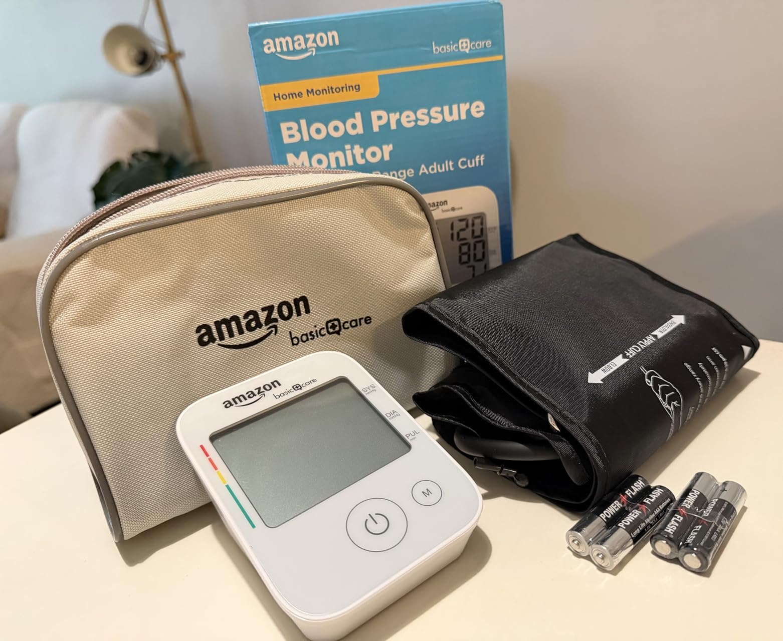 Amazon Basic Care Blood Pressure Monitor, Wide Range Arm Cuff, Intelligent Inflation Technology, Home Monitoring, Hypertension Indicator, Irregular Heartbeat Detection, Large customer photo 1