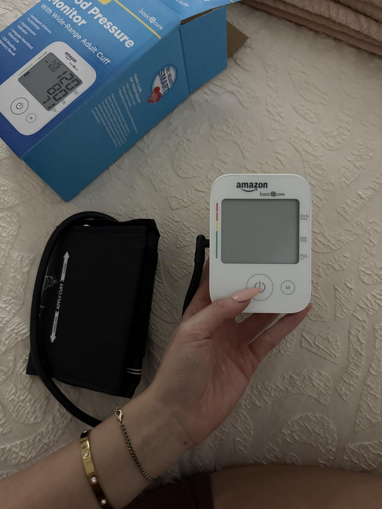 Amazon Basic Care Blood Pressure Monitor, Wide Range Arm Cuff, Intelligent Inflation Technology, Home Monitoring, Hypertension Indicator, Irregular Heartbeat Detection, Large customer photo 2