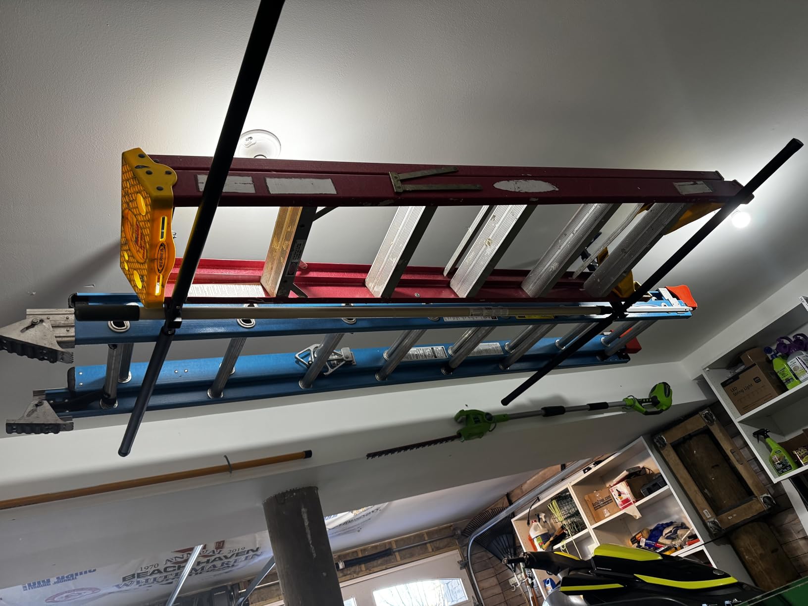 StoreYourBoard Adjustable Overhead Ladder Rack - Garage Organizer Ladder Shelf for Step & Extension Ladders - Storage Racks and Shelving for Garage Organization - Ceiling Mounted - Holds 75 lbs customer photo 1