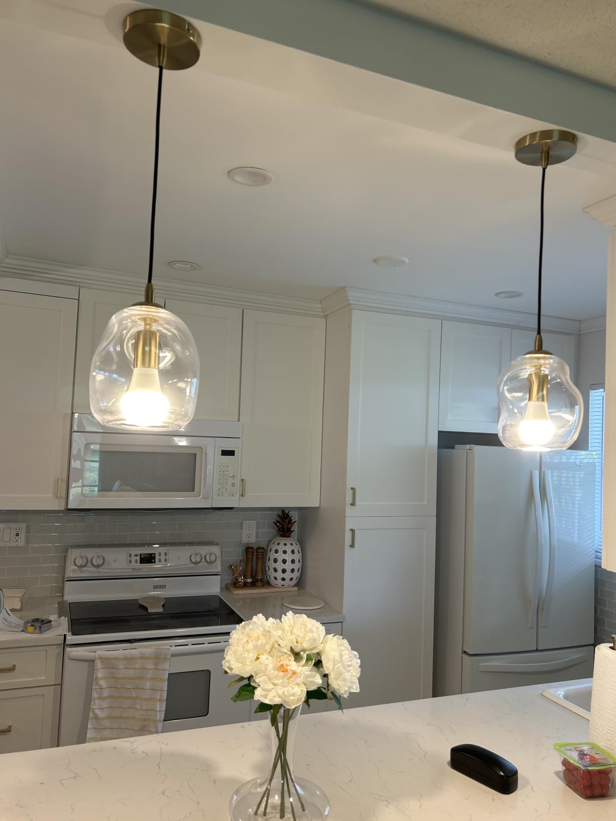 CASAMOTION Pendant Lights Kitchen Island, Gold, Clear Art Glass 2 Pack, Modern Contemporary Small Organic Globe 8 Inch, ETL Certification customer photo 2