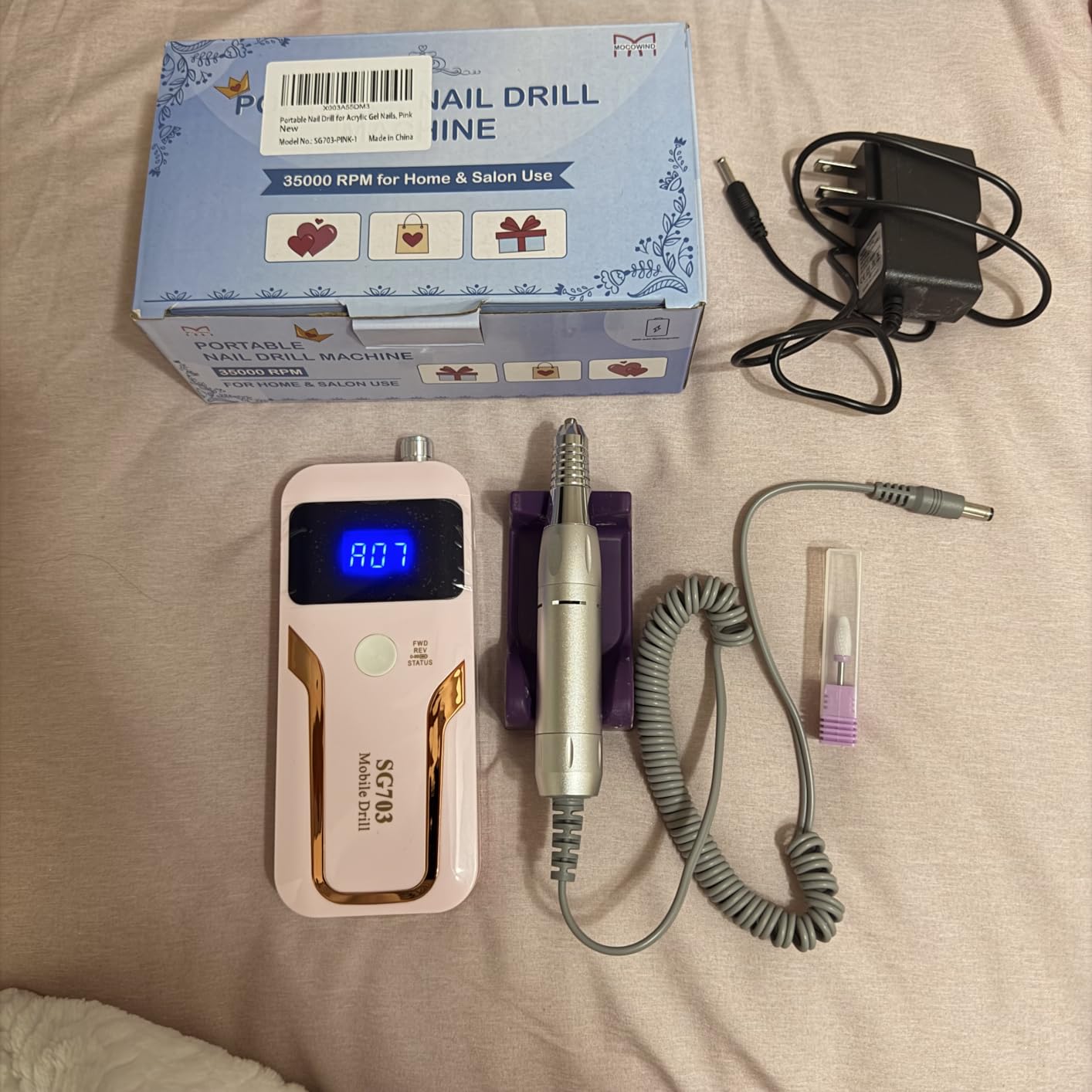 MOCOWIND Portable Nail Drill Professional 35000 RPM, Rechargeable Electric Nail File Machine Cordless E-File for Acrylic Gel Polishing Removing with Bits Kit for Manicure Salon Home, Pink customer photo 2