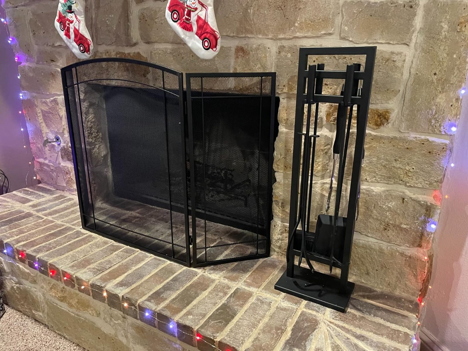 FEED GARDEN Fireplace Tools Set 5 Pieces, 30 Inch Modern Wrought Iron Outdoor Fireplace Accessories Set Long Holder Indoor with Poker, Tongs, Shovel, Brush, Base Black customer photo 2