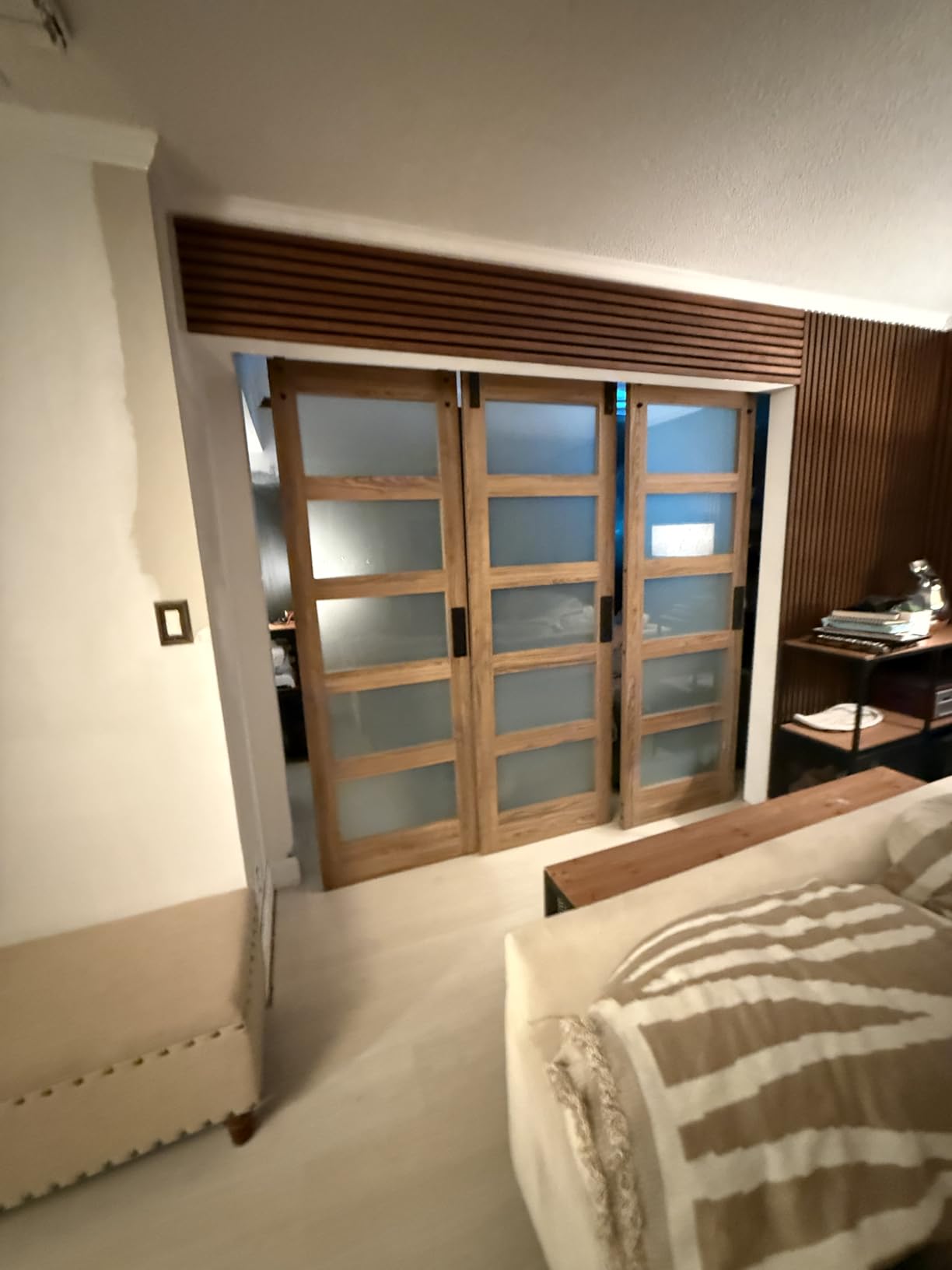 FREDBECK 36 x 84 inch Glass Barn Door with 6.6FT Track Kit, Interior Doors, Fit for 32in-34in Opening, Handle Included, 5-Panel Frosted Glass, Water-Proof Surface, Pre-Drilled Holes customer photo 1
