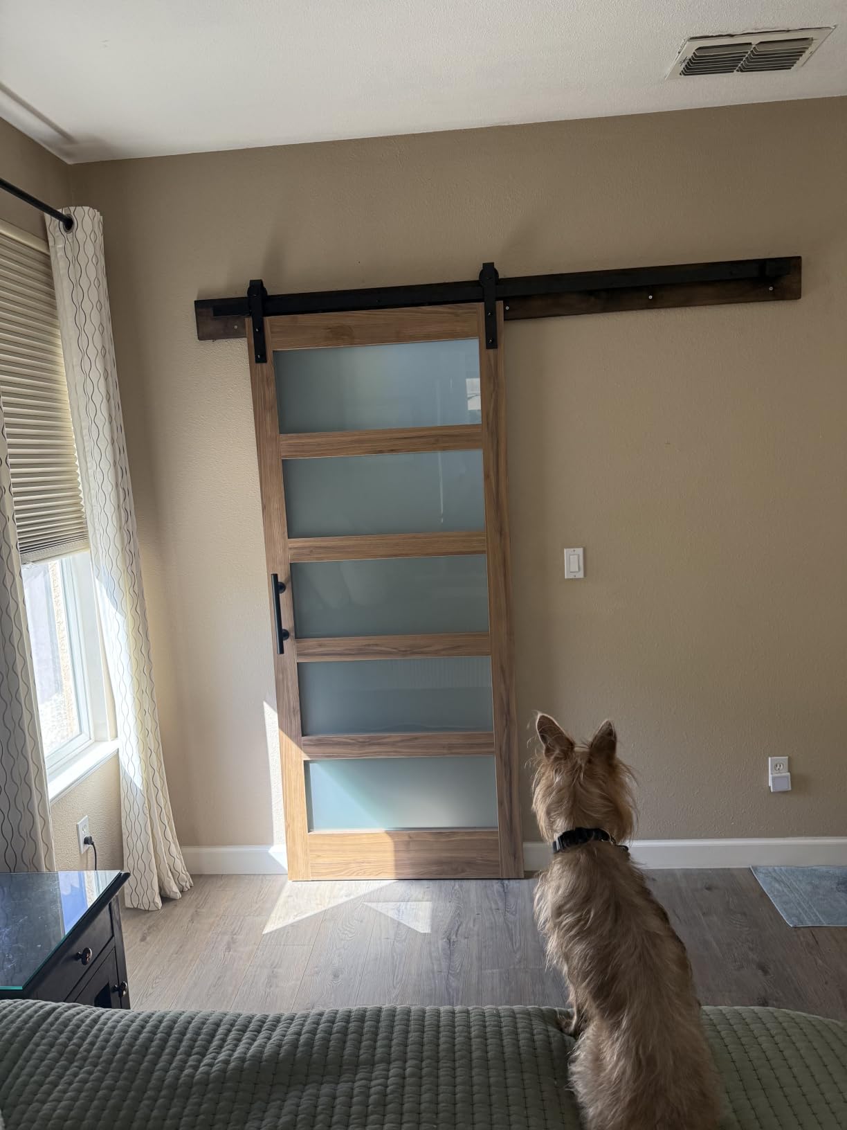 FREDBECK 36 x 84 inch Glass Barn Door with 6.6FT Track Kit, Interior Doors, Fit for 32in-34in Opening, Handle Included, 5-Panel Frosted Glass, Water-Proof Surface, Pre-Drilled Holes customer photo 2