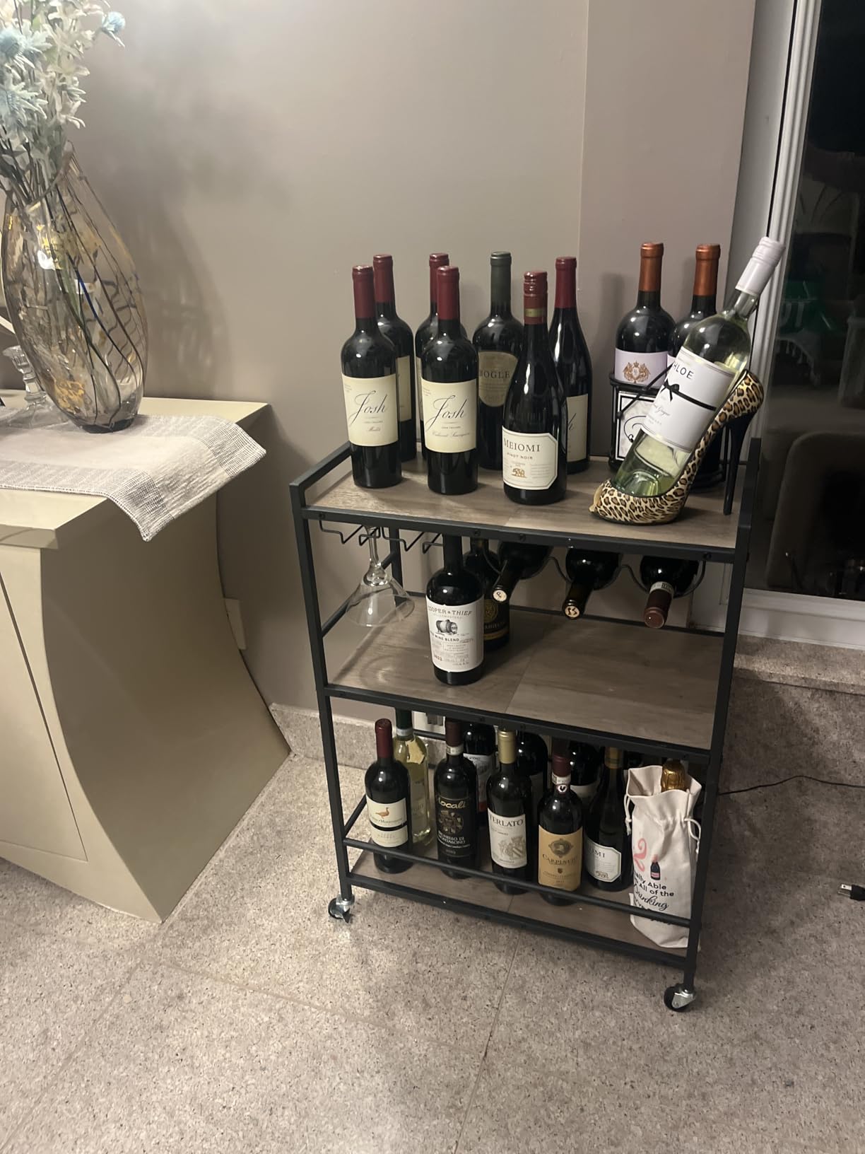 TUTOTAK Bar Cart with Wheels, Drink Cart with Wine Rack and Glass Holder | 3-Tier 23.7 Inch Wide Home Bar Serving Carts, Small Mobile Kitchen Shelf with 6 Hooks, Rustic Brown BC01BB030 customer photo 1
