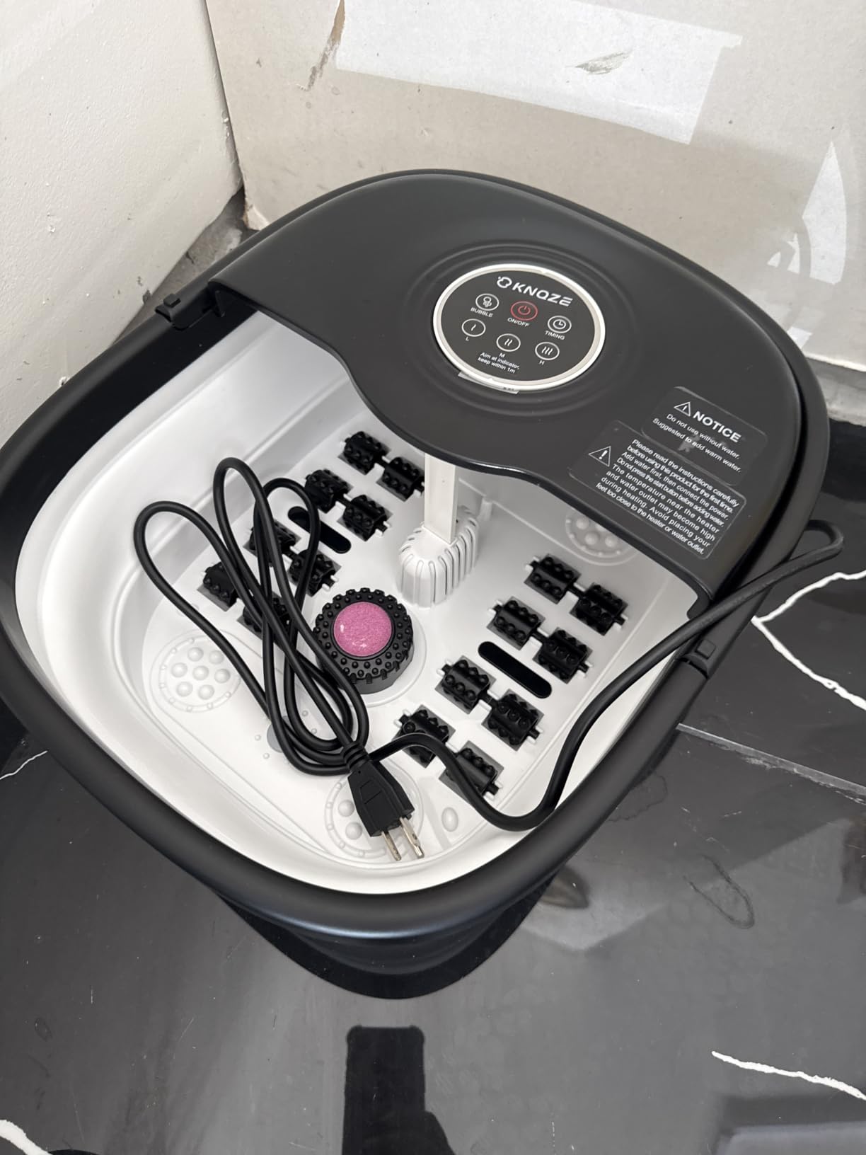 KNQZE Collapsible Foot Spa Bath with Heat & Bubble, Foot Soaking Tub with Timer and Red Light, 16 Rollers & Pumice Stone, Enjoy Warm Water Foot Bath, Gift for Wife and Mom, Black customer photo 1