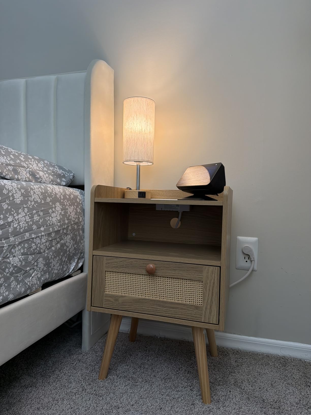 SUPERJARE Nightstands Set of 2, Night Stands with Charging Station, Natural | Bed Side Tables with PE Rattan Decor Drawer & Solid Wood Feet, End Table, for Bedroom, Living Room customer photo 2