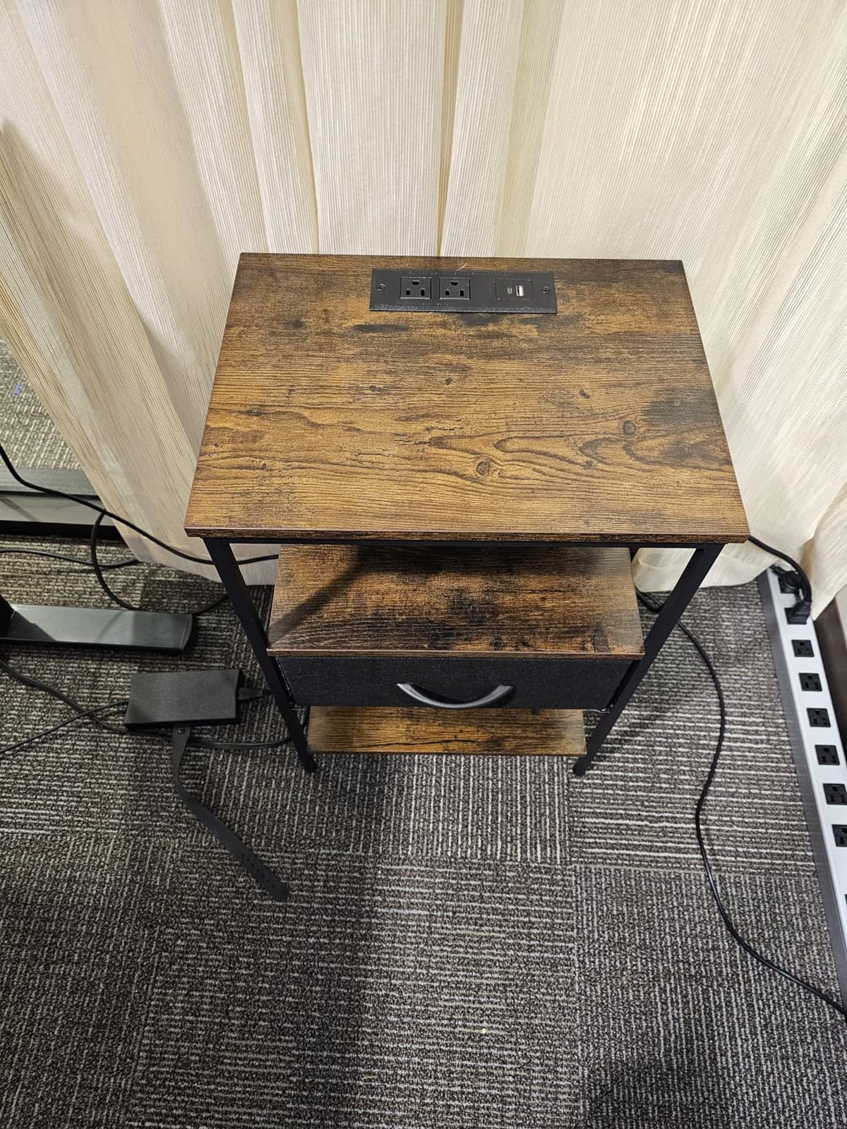 SUPERJARE Nightstand with Charging Station, Bed Side Table with Adjustable Fabric Drawer, Night Stand for Bedroom, 3-Tier Storage End Table, for Living Room, Rustic Brown and Black customer photo 2