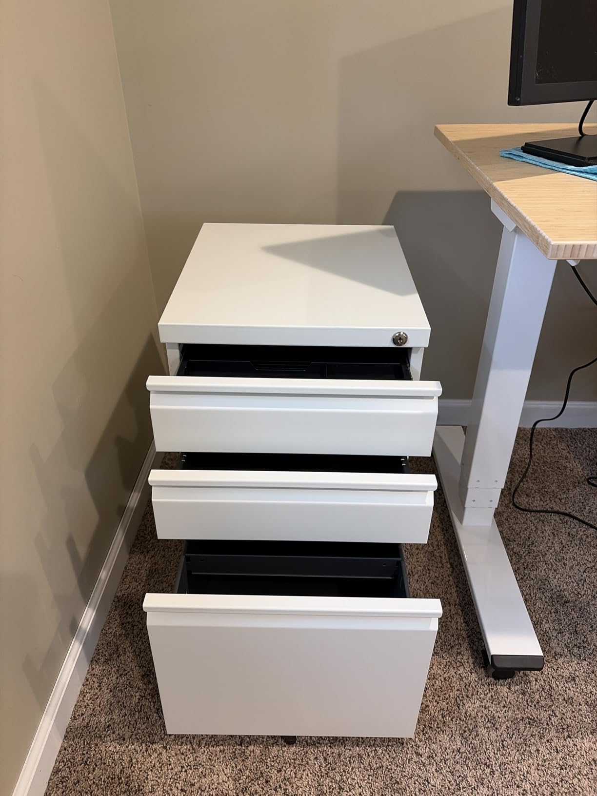 DEVAISE 3 Drawer File Cabinet with Lock, Fully Assembled Except Casters | Metal Filing Cabinet Under Desk for Home Office, Fits Letter/Legal/A4 Size, Black customer photo 1