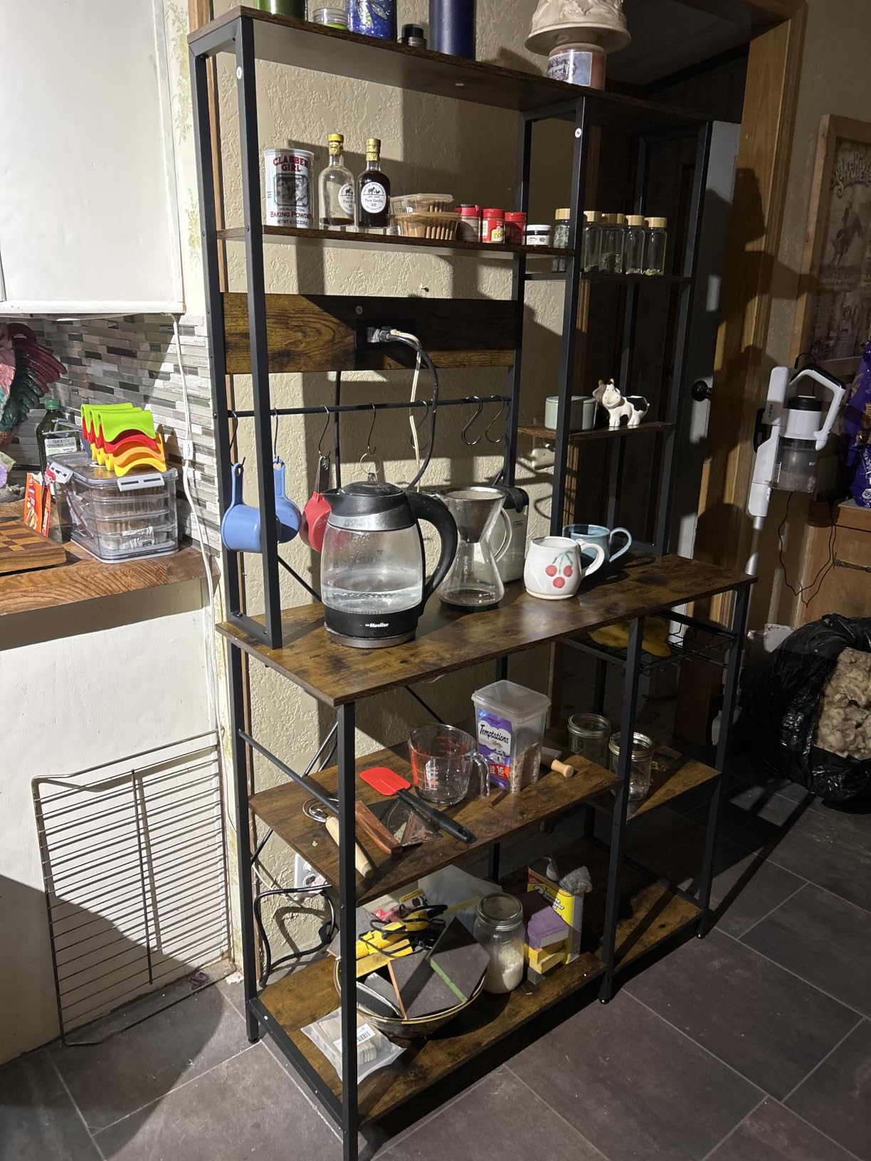 SUPERJARE Large Bakers Rack with Power Outlets, 39.6 Inches Microwave Stand | Coffee Bar with 6-Tier Storage, 12 S-Shaped Hooks, Kitchen Shelf with Wire Basket, Rustic Brown customer photo 2