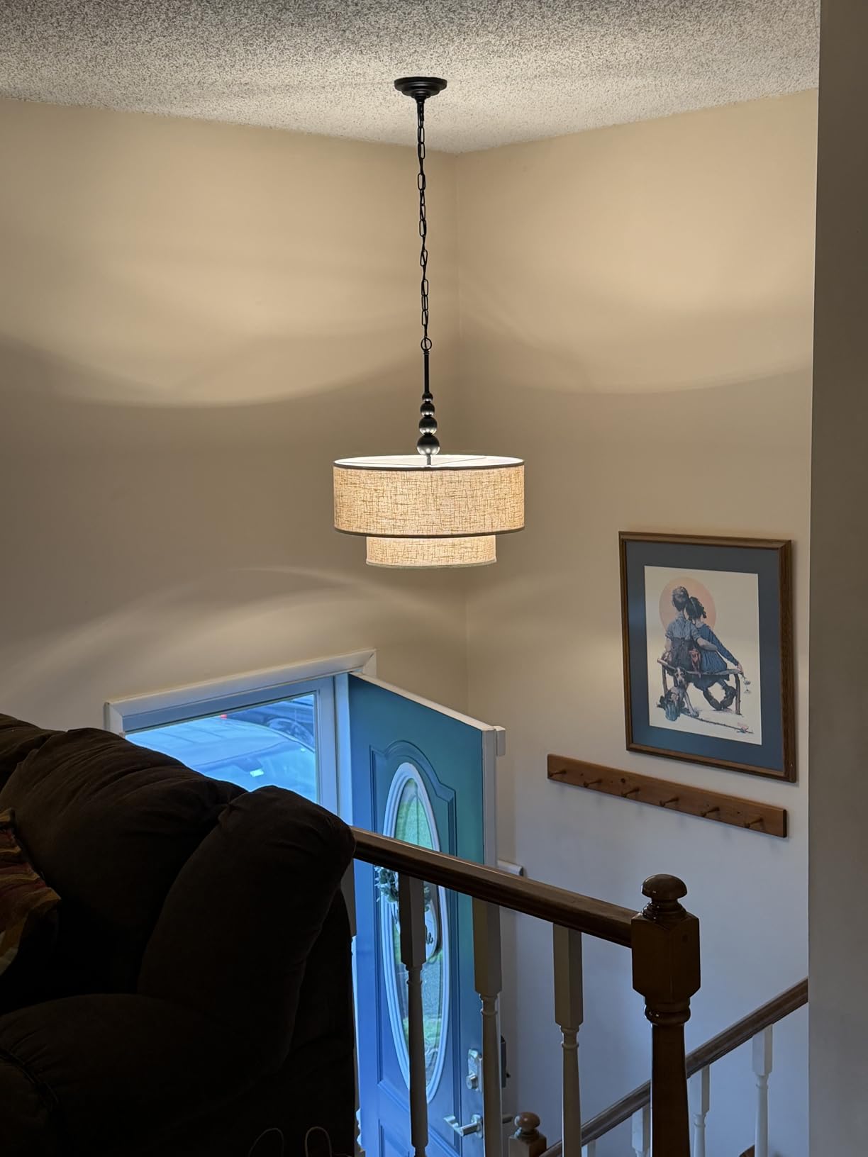 Shrine Lighting Drum Chandeliers, Farmhouse Style, Perfect Drum Pendant Light for Dining Room, D20'' x H7'', Adjustable Chains 59'', E26*3 Sockets, Beige Linen Fabric Lampshade & Black Rod customer photo 1