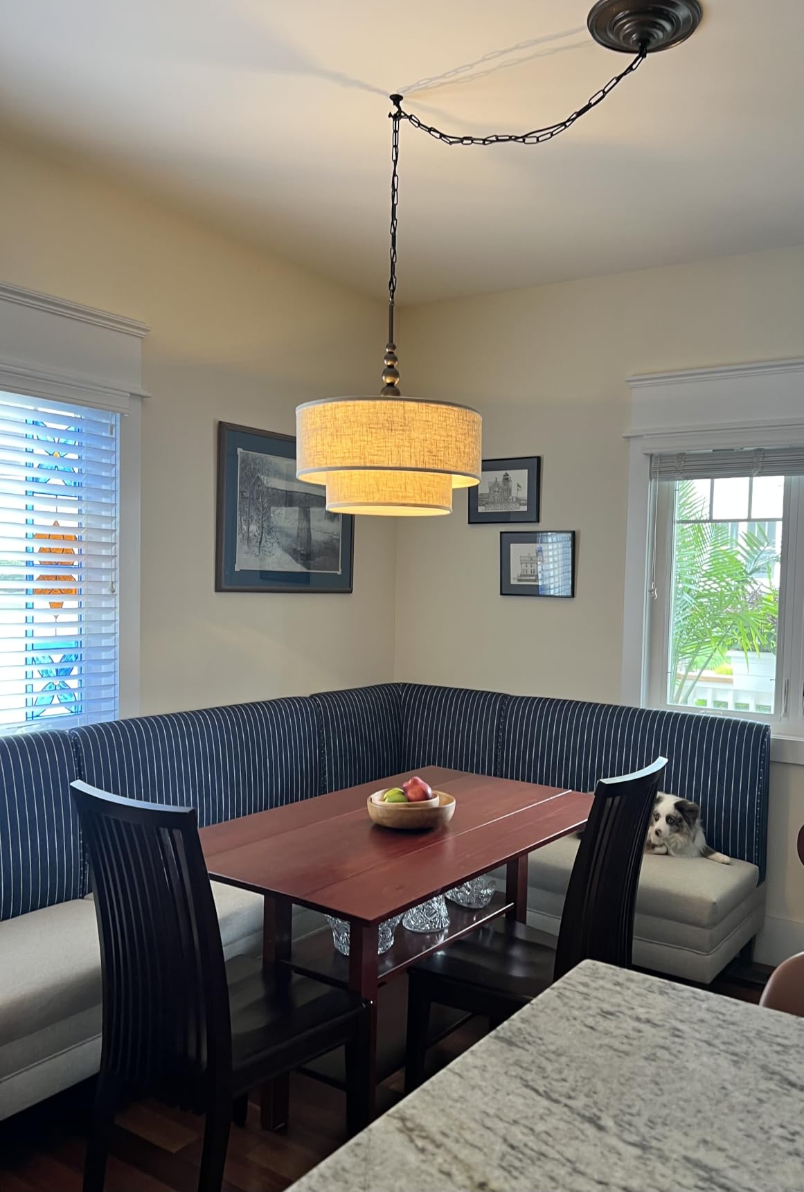 Shrine Lighting Drum Chandeliers, Farmhouse Style, Perfect Drum Pendant Light for Dining Room, D20'' x H7'', Adjustable Chains 59'', E26*3 Sockets, Beige Linen Fabric Lampshade & Black Rod customer photo 2