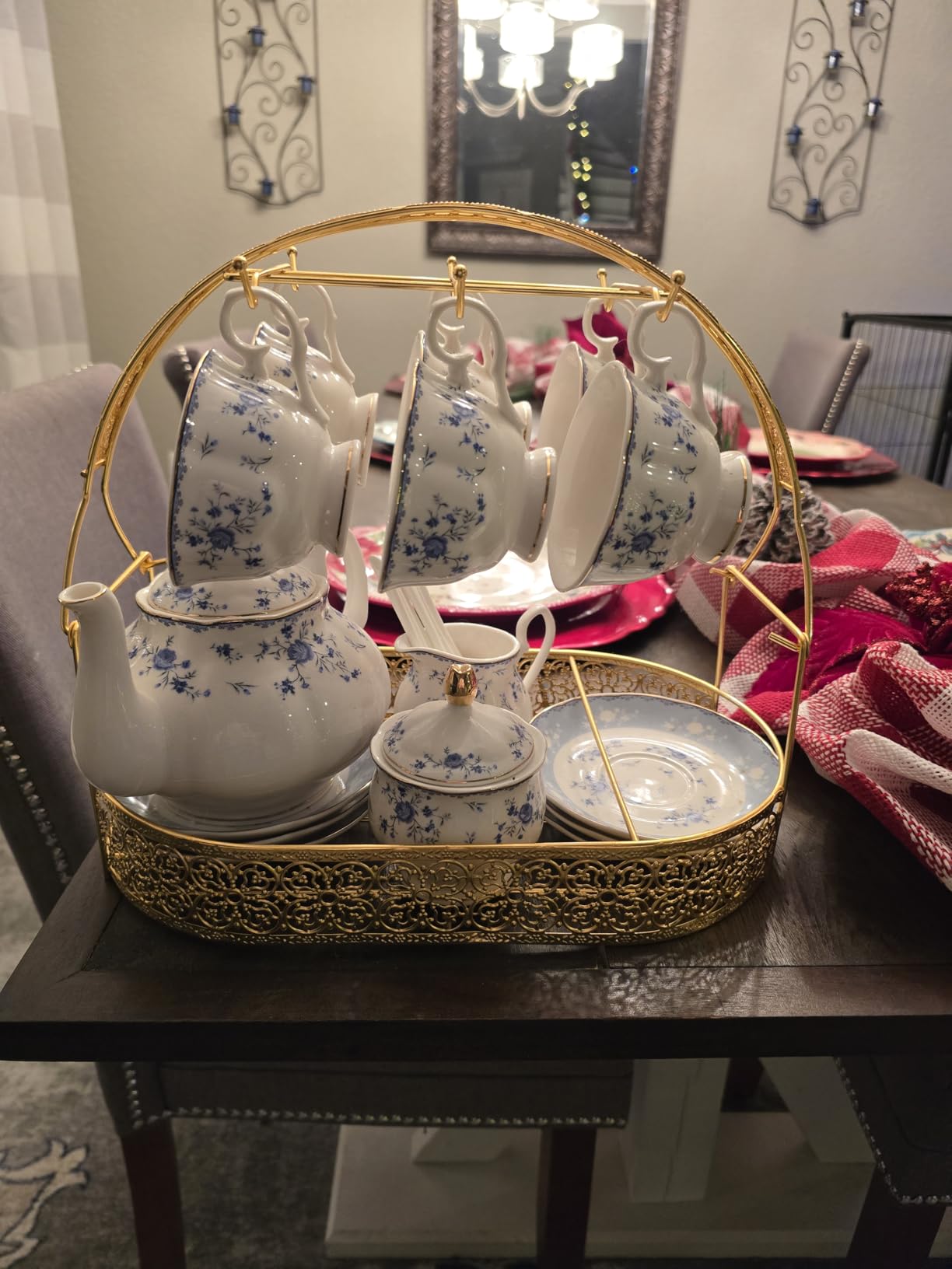 fanquare 15 Piece British Blue Rose Porcelain Tea Set | Floral Teapot with Tea Cups, Women Tea Party Set for 6 customer photo 1