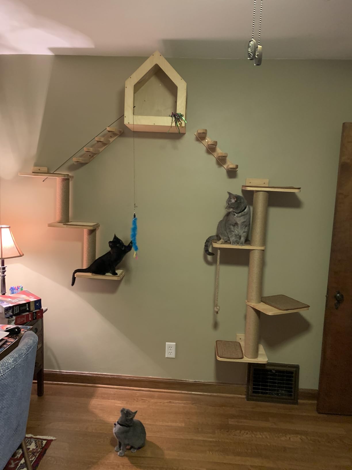 FUKUMARU Cat Scratching Activity Tree Wall Mounted | 50 Inch Cats Scratch Post, with Kitten Bed, Rubber Wood Scratcher Posts, Large customer photo 1