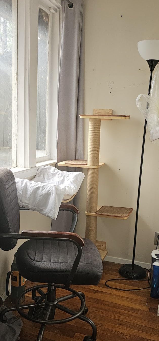 FUKUMARU Cat Scratching Activity Tree Wall Mounted | 50 Inch Cats Scratch Post, with Kitten Bed, Rubber Wood Scratcher Posts, Large customer photo 2