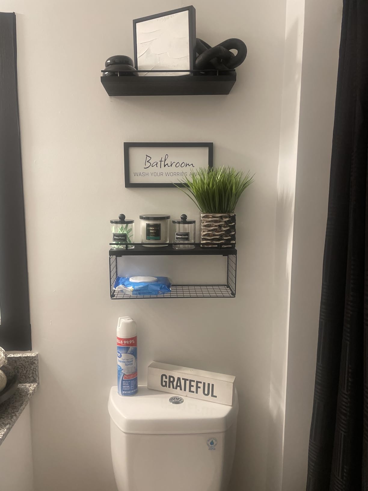 WOPITUES Floating Shelves for Bathroom Decor Art, Modern Black | Bathroom Organizers and Storage, Wall Shelves Over Toilet with Metal Guardrail customer photo 1
