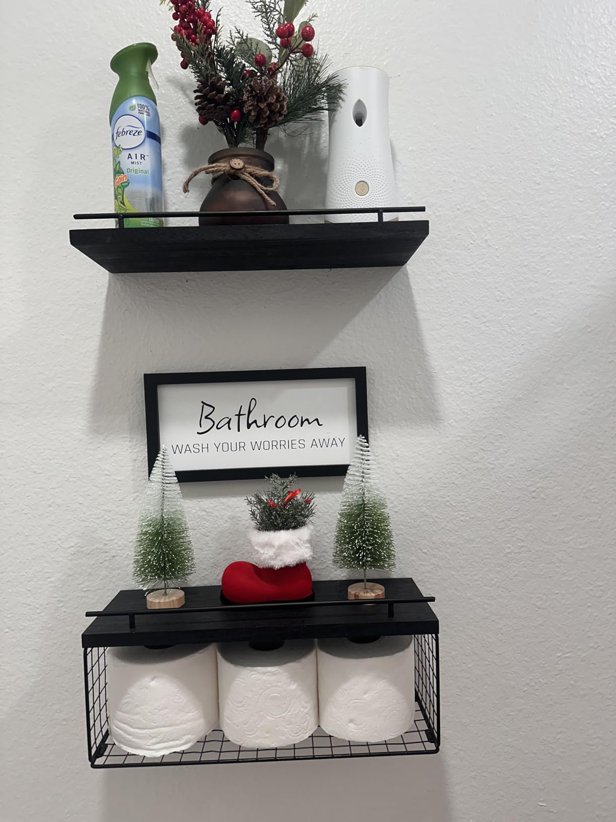 WOPITUES Floating Shelves for Bathroom Decor Art, Modern Black | Bathroom Organizers and Storage, Wall Shelves Over Toilet with Metal Guardrail customer photo 2