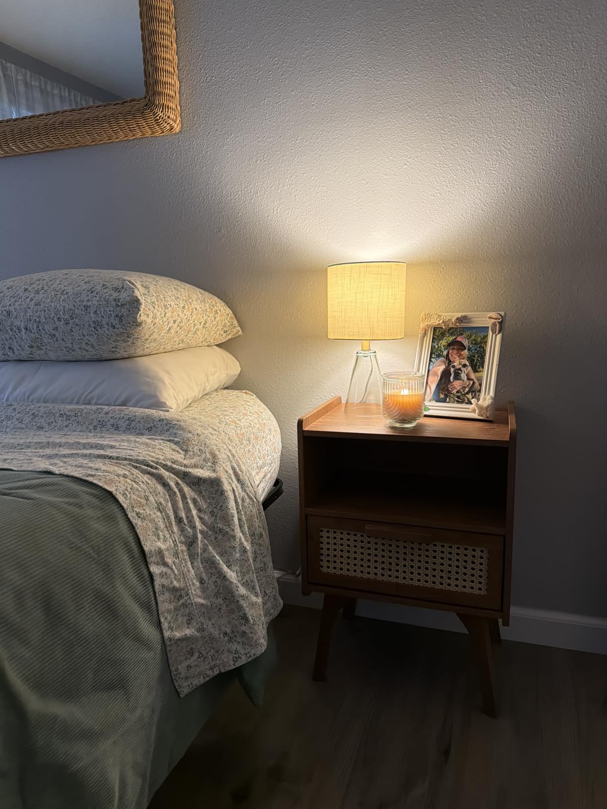 Lerliuo Rattan Nightstand, Boho Side Table with Drawer Open Shelf | Cane Accent Bedside End Table with Solid Wood Legs for Bedroom, Dorm and Small Spaces (Natural) customer photo 1
