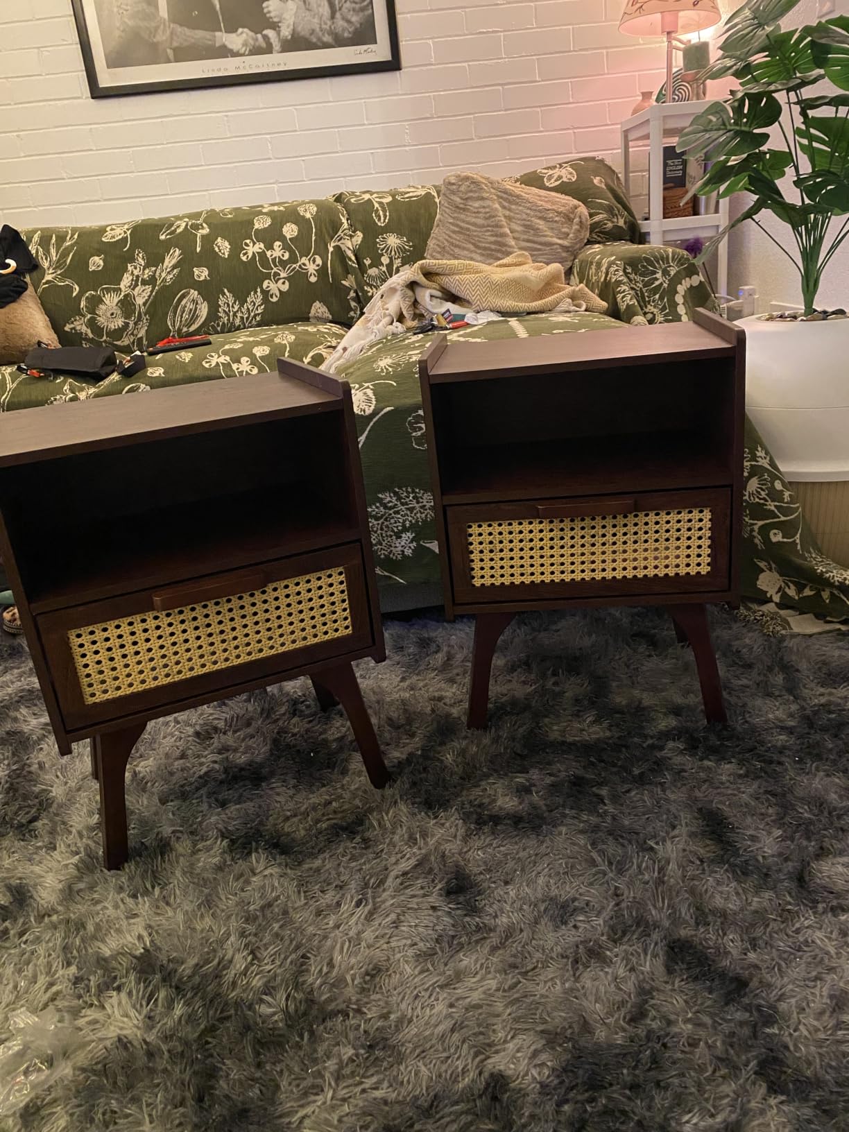 Lerliuo Rattan Nightstand, Boho Side Table with Drawer Open Shelf | Cane Accent Bedside End Table with Solid Wood Legs for Bedroom, Dorm and Small Spaces (Natural) customer photo 2