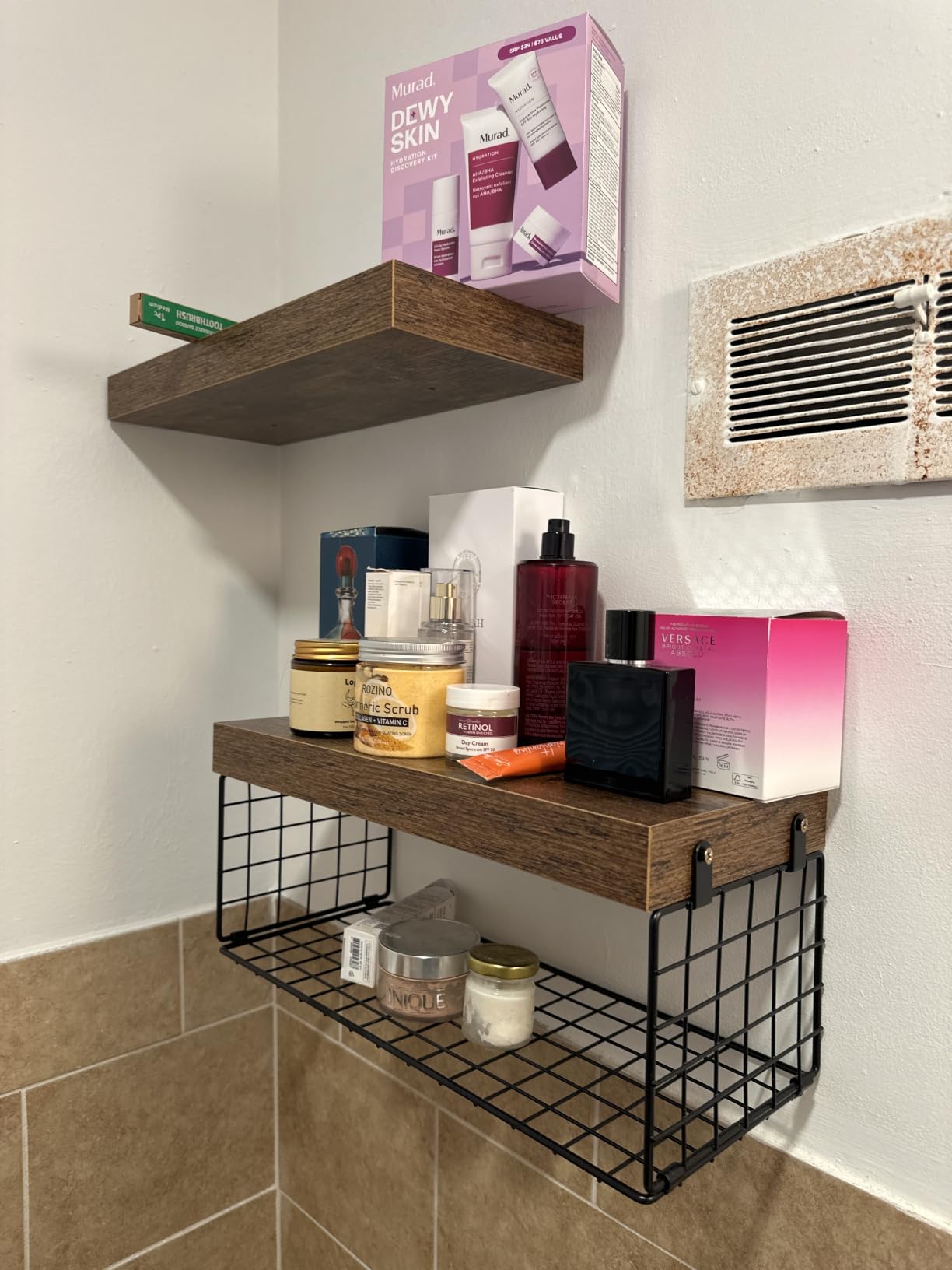 QEEIG Bathroom Shelves Over Toilet - Wall Mounted Floating Shelves Toilet Paper Storage Small Farmhouse Decor Shelf 16 inch Set of 3, Rustic Brown (019-BN3) customer photo 2