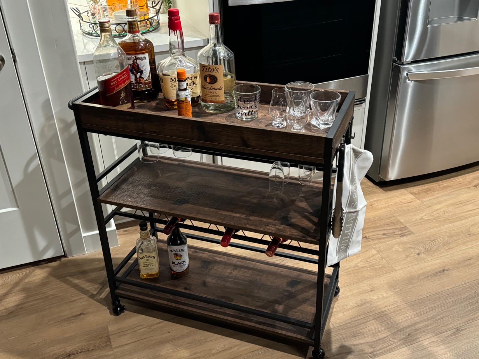 BON AUGURE Bar Cart for The Home, Rolling Home Bar Serving Cart on Wheels, 3 Tier Liquor Beverage Carts with Wine Rack and Glass Holder (Rustic Oak) customer photo 1