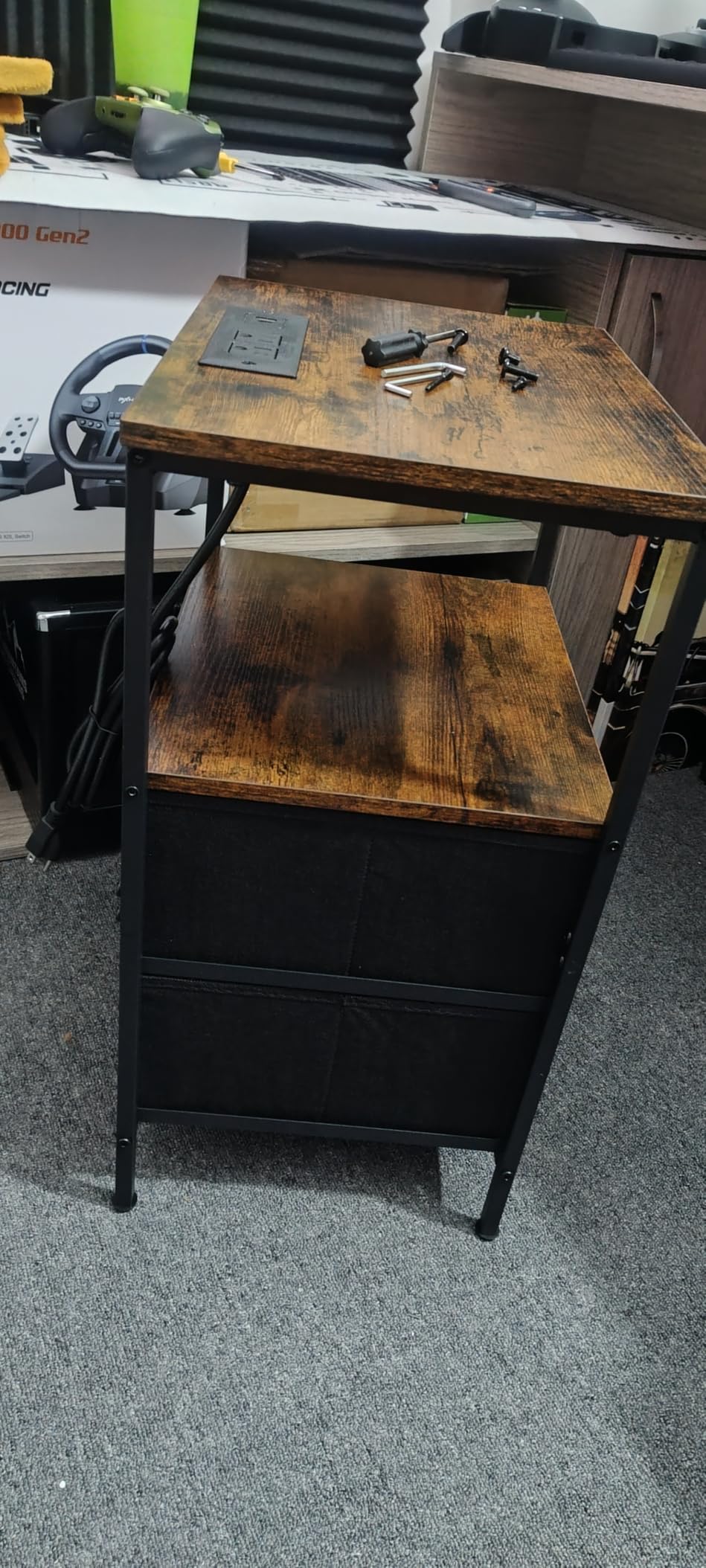 Huuger Nightstand with Charging Station, Side Table with Fabric Drawers, End Table with Open Shelf, Bedside Table with USB Ports and Outlets, Night Stand for Bedroom, Rustic Brown and Black customer photo 1