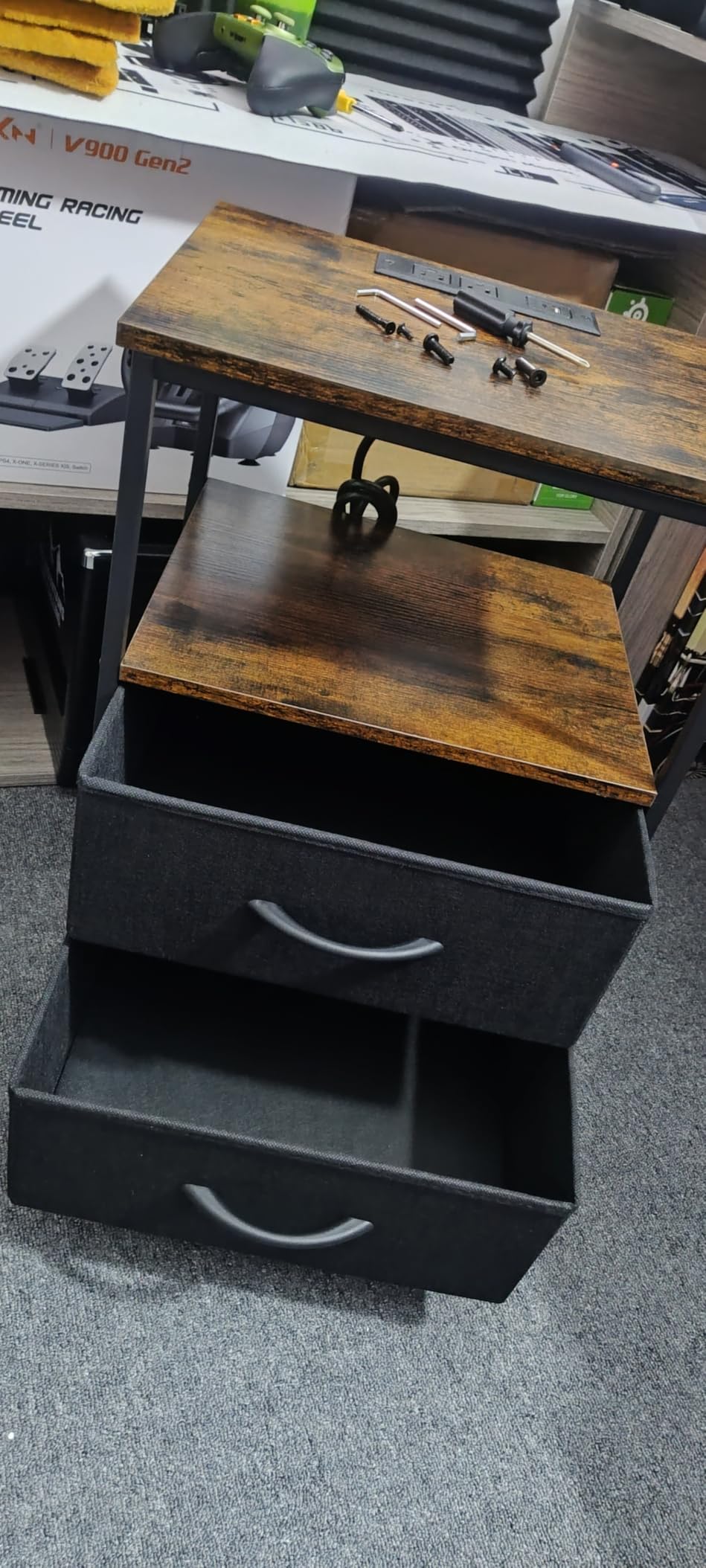 Huuger Nightstand with Charging Station, Side Table with Fabric Drawers, End Table with Open Shelf, Bedside Table with USB Ports and Outlets, Night Stand for Bedroom, Rustic Brown and Black customer photo 2