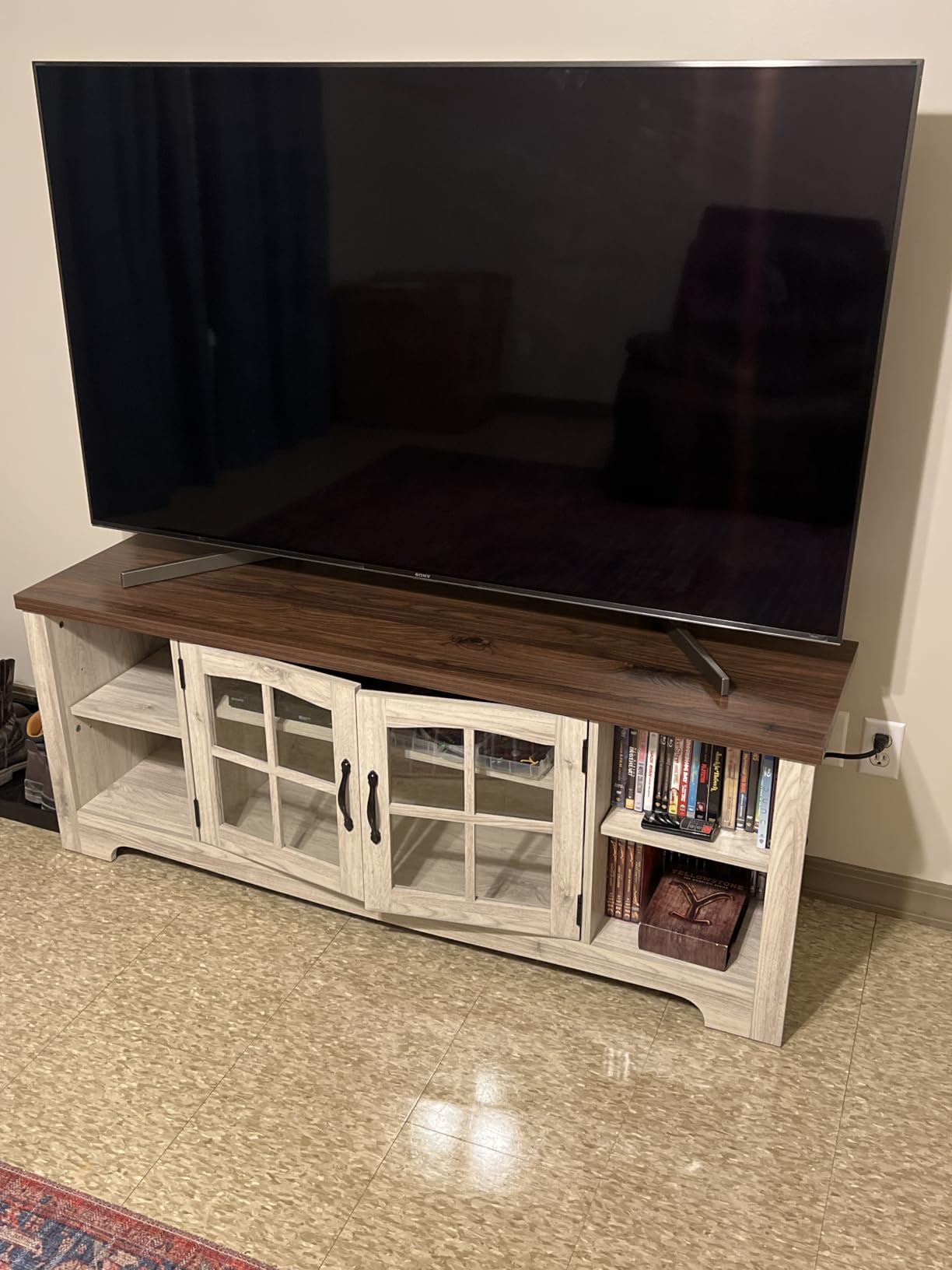 LINSY HOME Farmhouse TV Stand for 65 Inch TV, Wood Entertainment Center with Glass Door Storage Cabinet & Adjustable Shelves, Large Sturdy TV Console Table for Living Room Bedroom customer photo 1