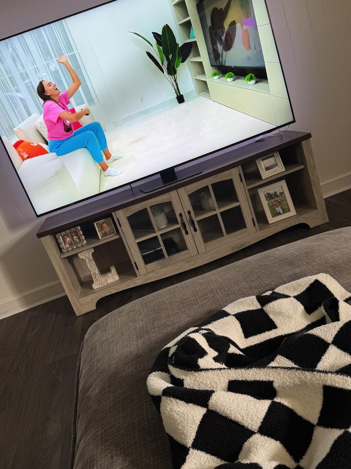 LINSY HOME Farmhouse TV Stand for 65 Inch TV, Wood Entertainment Center with Glass Door Storage Cabinet & Adjustable Shelves, Large Sturdy TV Console Table for Living Room Bedroom customer photo 2