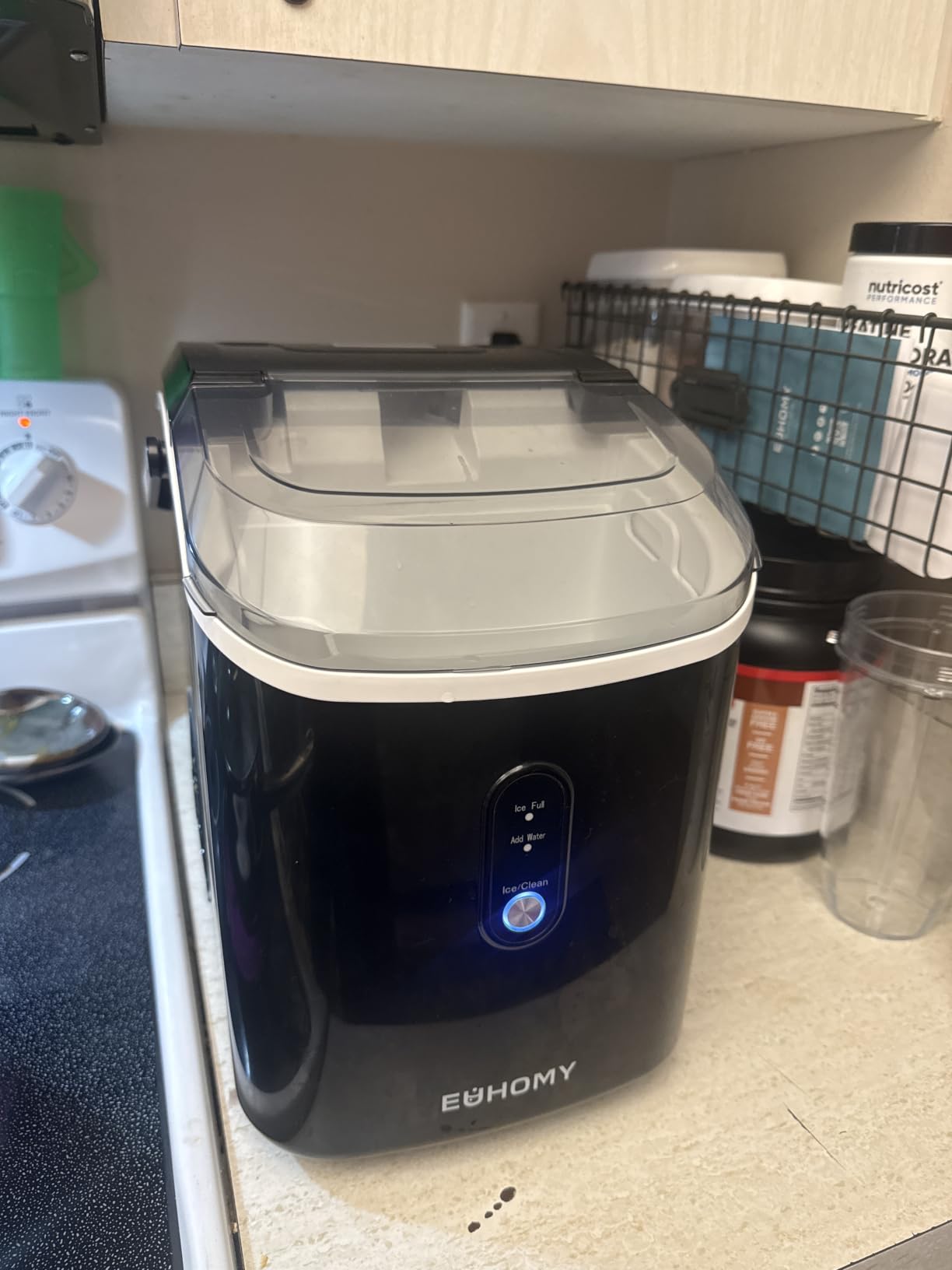 EUHOMY Nugget Ice Maker Countertop with Handle, Ready in 6 Mins, 34lbs Per Day, Removable Top Cover, Auto-Cleaning, Portable Sonic Ice Maker with Basket and Scoop, for Home/Party/RV/Camping (Black) customer photo 1