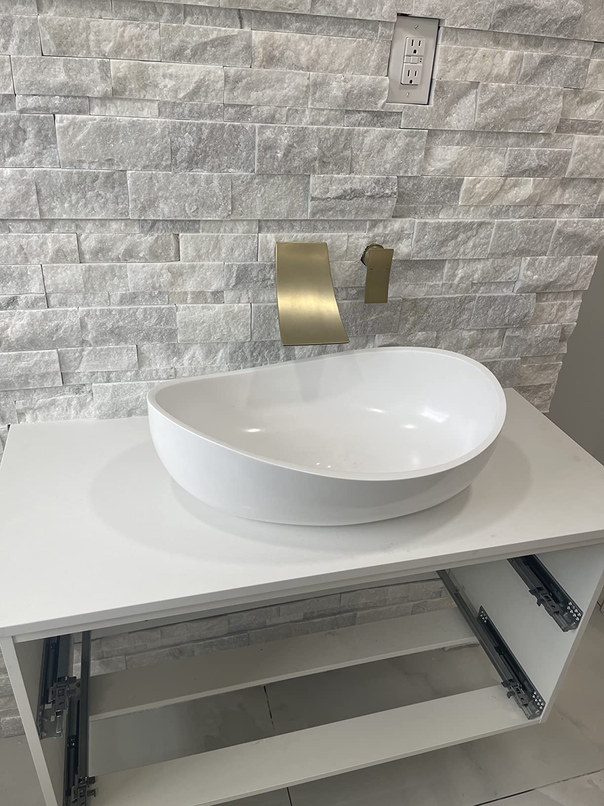 22.44'' Stone Resin Bathroom Vessel Sink, Matte White | Oval Vessel Sink with Pop-Up Drain, Modern Above Counter Basin for Vanity Countertop, No Faucet Hole, No Overflow customer photo 1