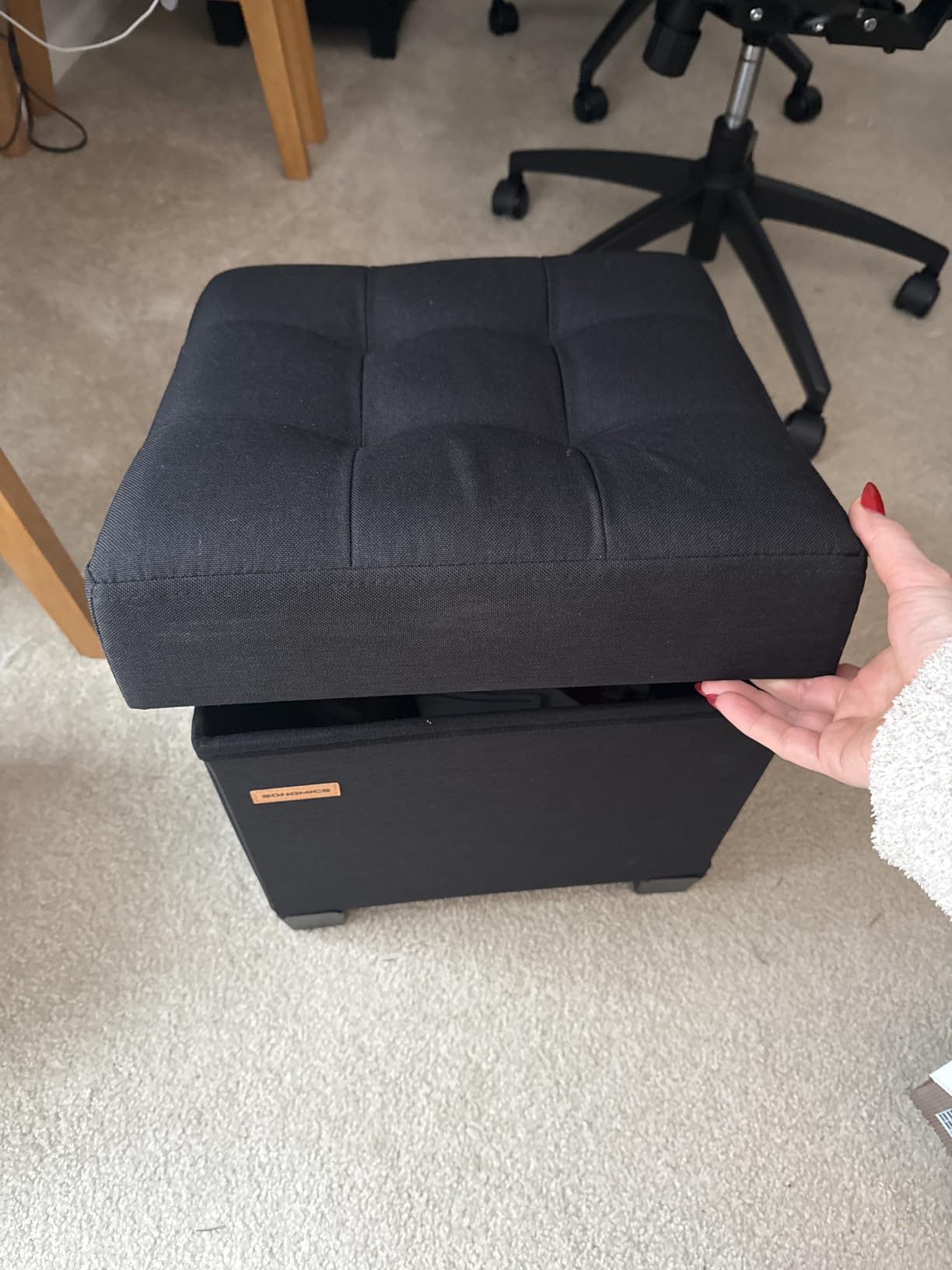 SONGMICS Storage Ottoman, Small Ottoman Foot Rest with Legs, 12.6 x 15.7 x 13.2 Inches Foot Stool, Load up to 660 lb, for Living Room, Bedroom, Dorm, Ink Black ULSF012B01 customer photo 1