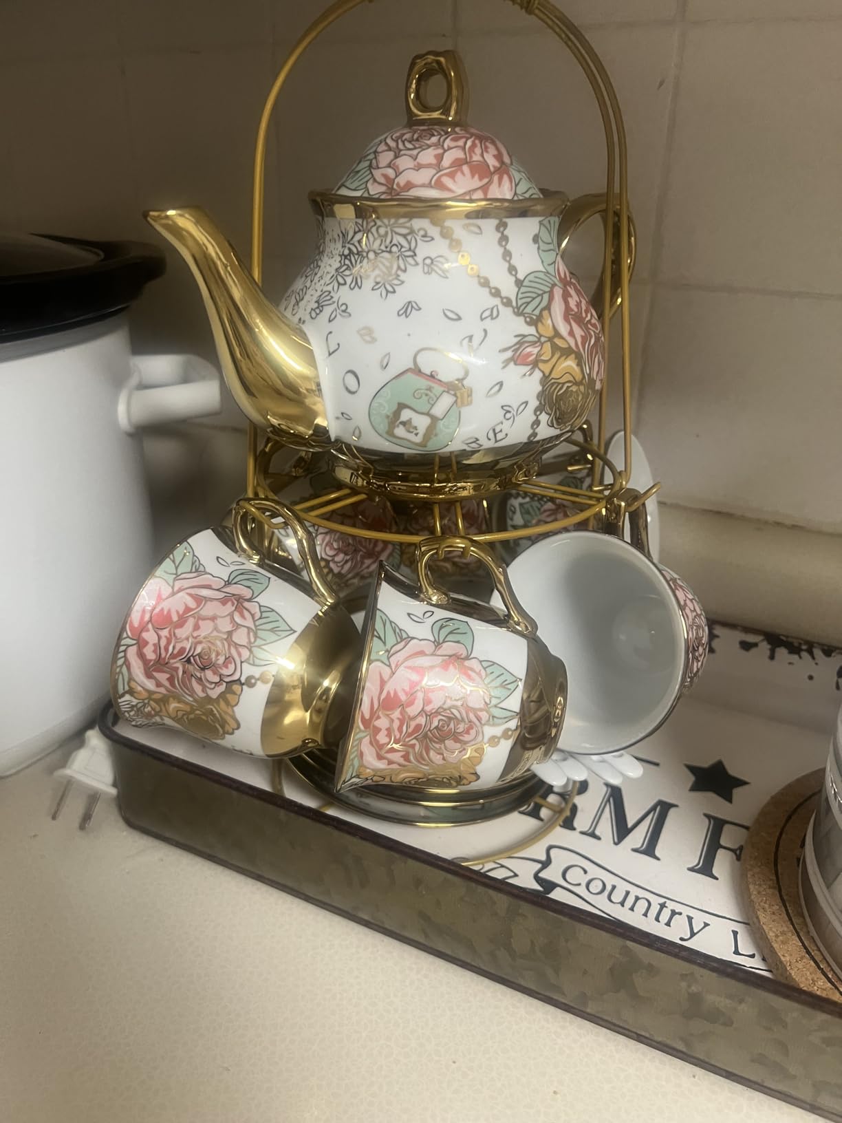 Zhehao 20 Pcs Porcelain Tea Set with Metal Holder and Spoon Adult Ceramic Tea Set European Flower Painting Teapot Cup Saucer Spoon for Women Mom Gift, Large Version (Fresh Style) customer photo 1