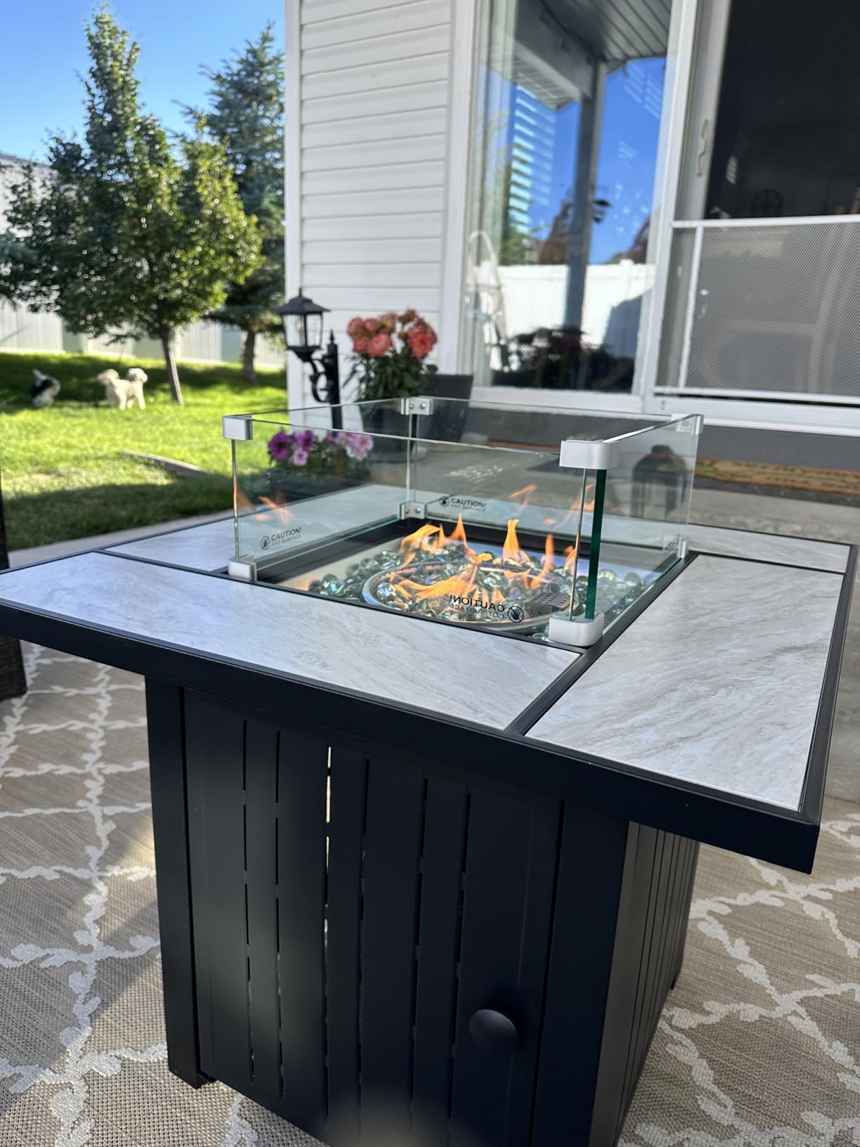 OutVue 30 Inch Propane Fire Pit Table with Real Ceramic Tabletop | 50000 BTU Gas Fire Pit Table with Lid & Glass Rock, Outdoor Fire Pit for Dining or Party, Firepit for Outside, Garden, Yard customer photo 1