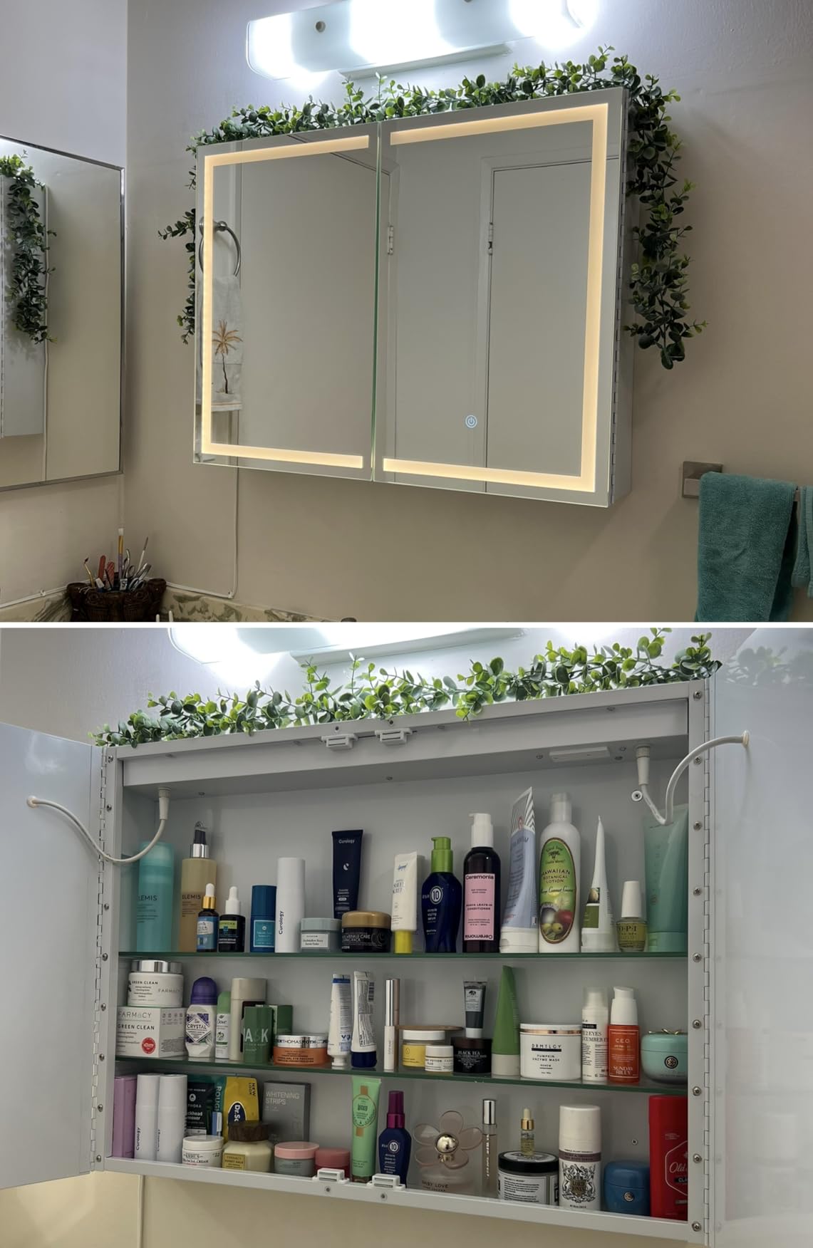Lighted Medicine Cabinet with Mirror, Wall Mounted Bathroom Mirror with Storage, 2 Doors Bathroom Wall Cabinet with LED Lights, 31.5'' x 23.6'' customer photo 1