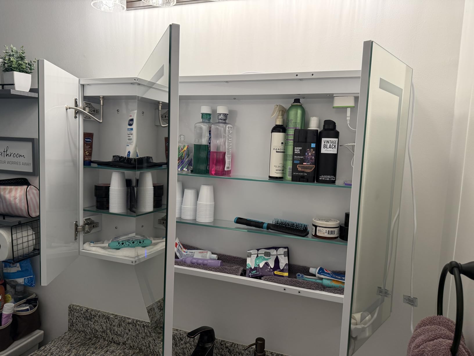 Lighted Medicine Cabinet with Mirror, Wall Mounted Bathroom Mirror with Storage, 2 Doors Bathroom Wall Cabinet with LED Lights, 31.5'' x 23.6'' customer photo 2
