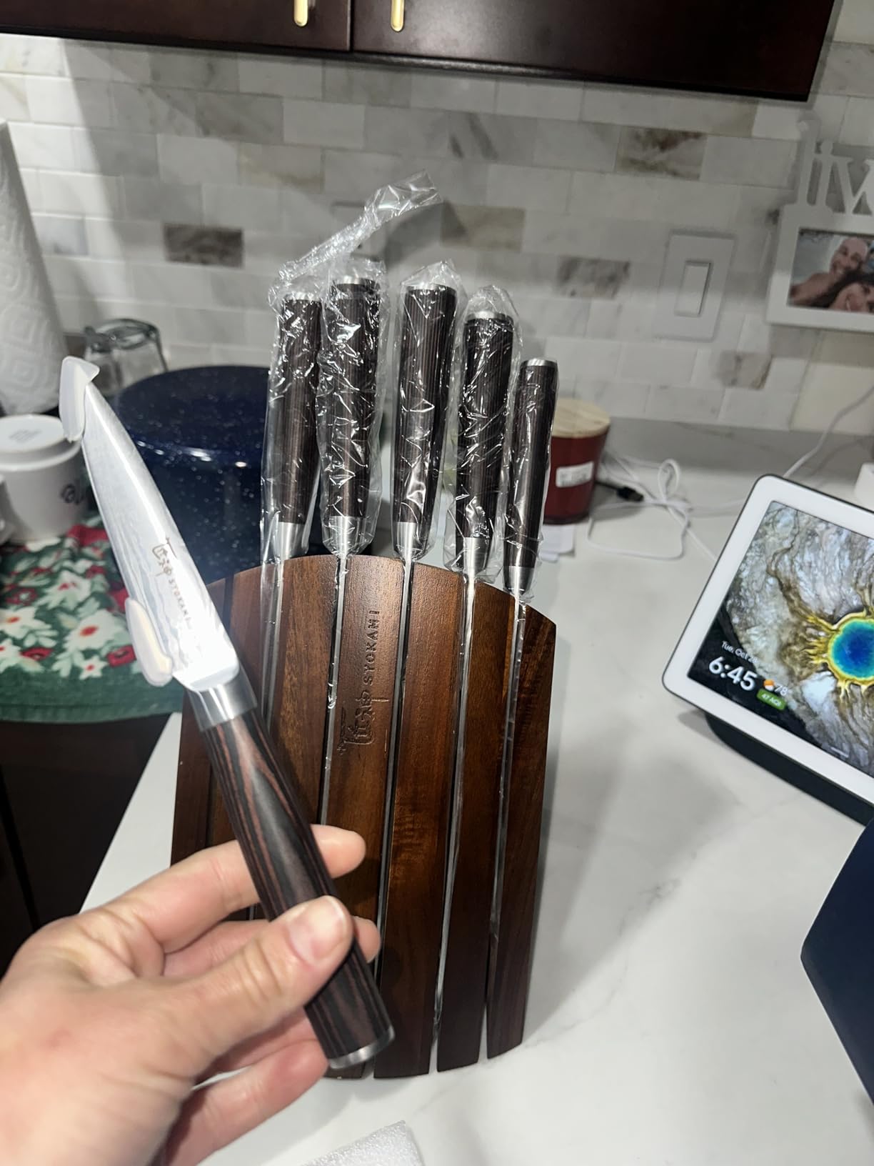 SYOKAMI 2026 Upgrade Kitchen Knife Set, Foldable Magnetic Acacia Wood Block | Japanese Style 7-Piece High Carbon Stainless Steel Chef Knife Set, Full Tang Wood Handle, Damascus Pattern, Ideal for Gift customer photo 1