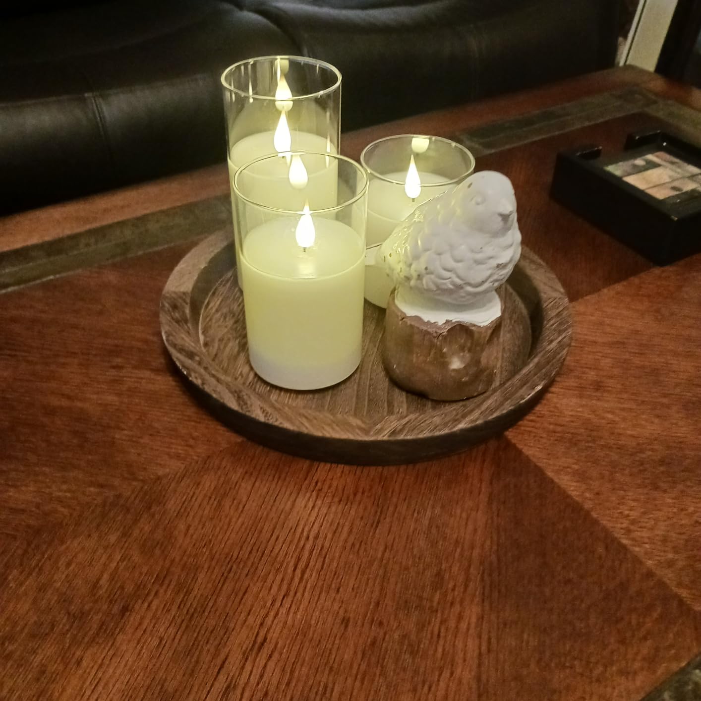 Hanobe Round Wooden Candle Holder Trays for Coffee Table, Distressed Finish | 11.2
