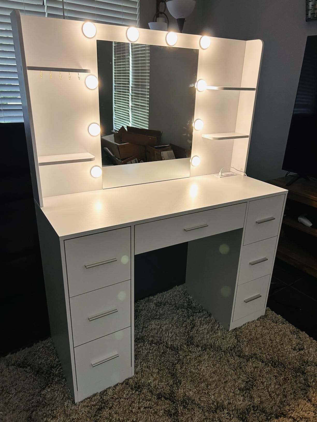 Quimoo Large Vanity Desk with LED Lighted Mirror & Power Outlet, Makeup Vanity Table with 7 Drawers, 4 Shelves and 5 Hooks, Vanity Table, Vanity Desk Set for Bedroom, Bathroom, White customer photo 2