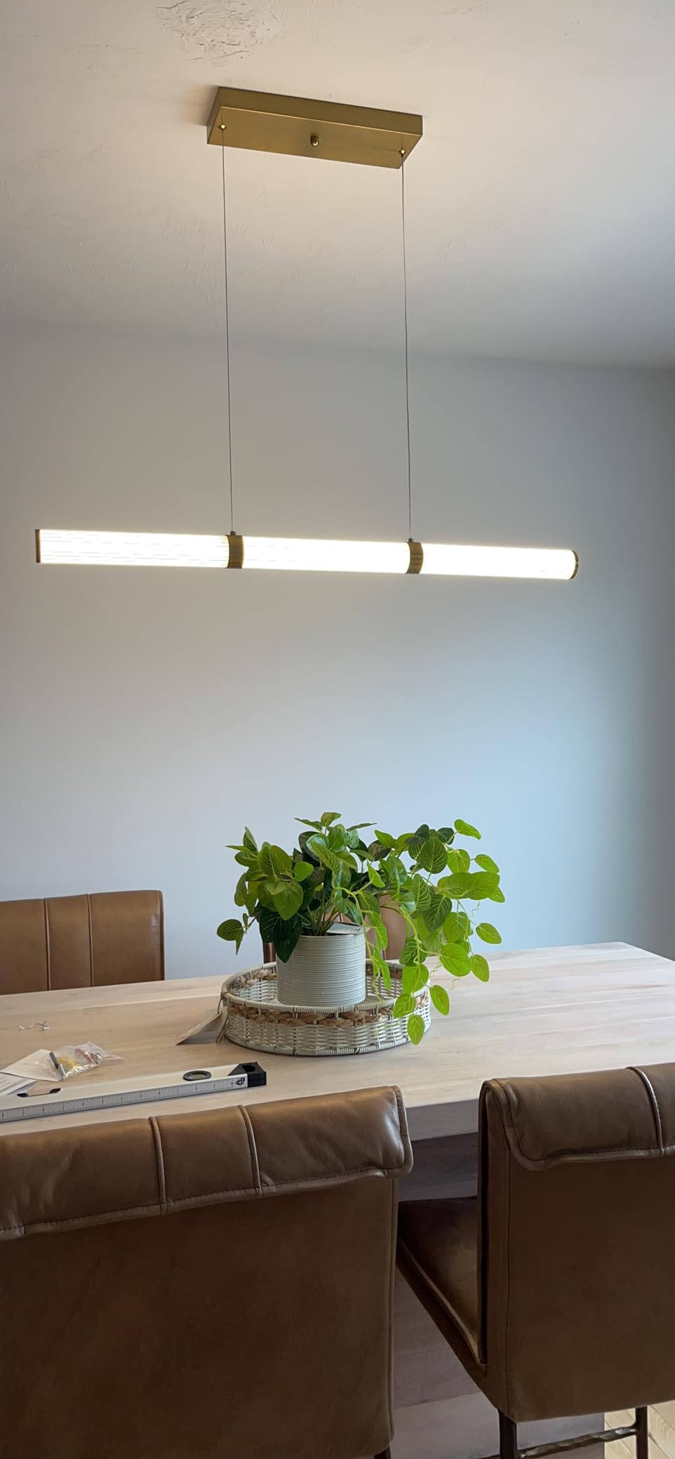 Modern Linear Chandelier Gold Linear Pendant Light Fixture | LED Dimmable Island Chandelier for Kitchen Island Lighting, Dining Room, and Living Room, over table Easy to Install. customer photo 1