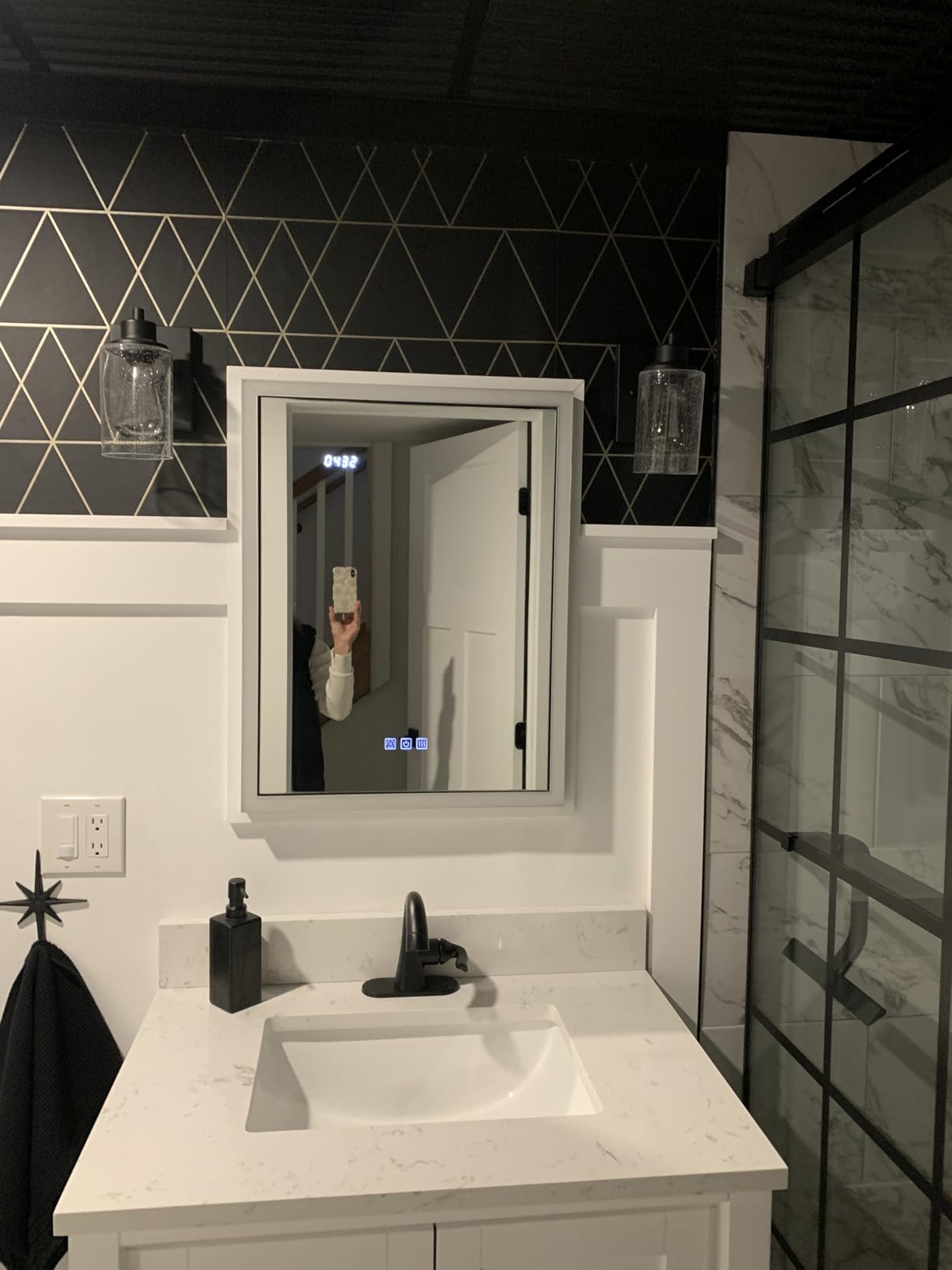 LED Medicine Cabinet with Mirror, 24x32 Surface or Recessed Lighted Medicine Cabinet with Mirror, Dimmable Fogless Aluminum Medicine Cabinet with Outlet, Time Display & Built-in Sensing Light customer photo 1
