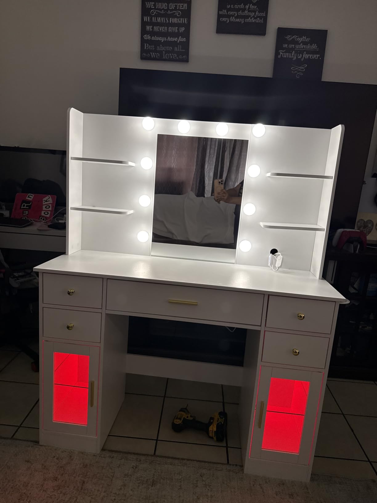 CSZZD White Makeup Vanity Desk with LED Mirror & RGB Cabinets | Vanity Table with Charging Station and 6 Storage Drawers, Adjustable 3 Mode Mirror Lights, Bedroom Dressing Table for Women customer photo 1