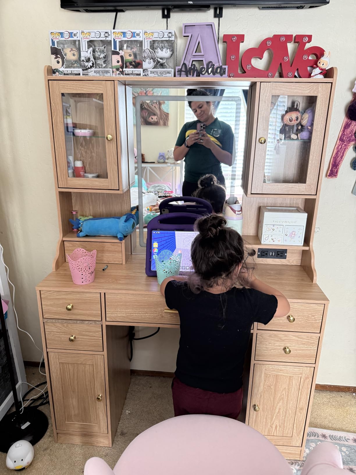 CSZZD White Makeup Vanity Desk with LED Mirror & RGB Cabinets | Vanity Table with Charging Station and 6 Storage Drawers, Adjustable 3 Mode Mirror Lights, Bedroom Dressing Table for Women customer photo 2