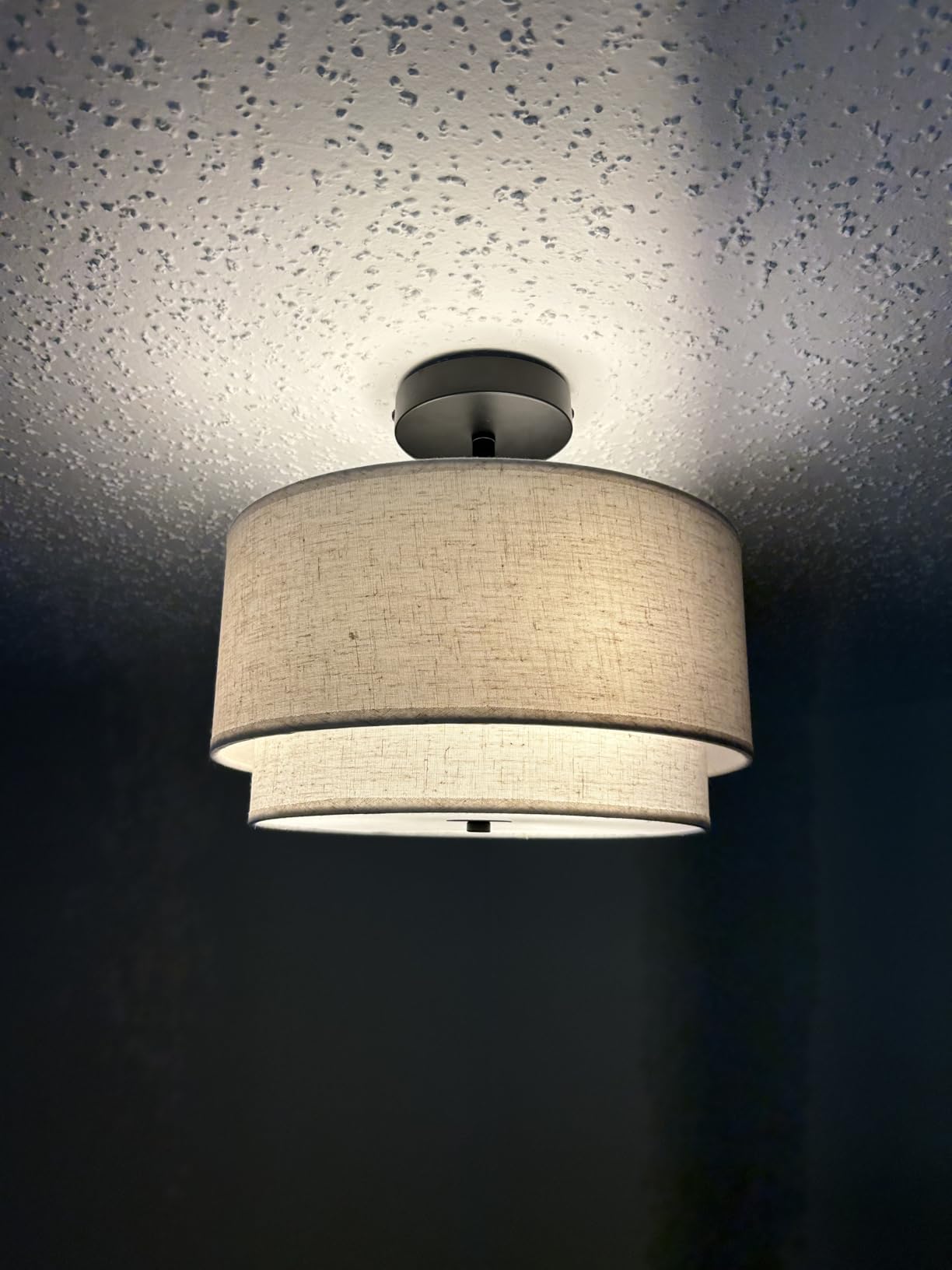 Vexagyle 12.6inch Flush Mount Ceiling Light Fixture, 3-Light Modern Close to Ceiling Light with 2-Layer Linen Fabric Shade, Farmhouse Drum Ceiling Mount Lamp for Bedroom Hallway Living Room customer photo 2