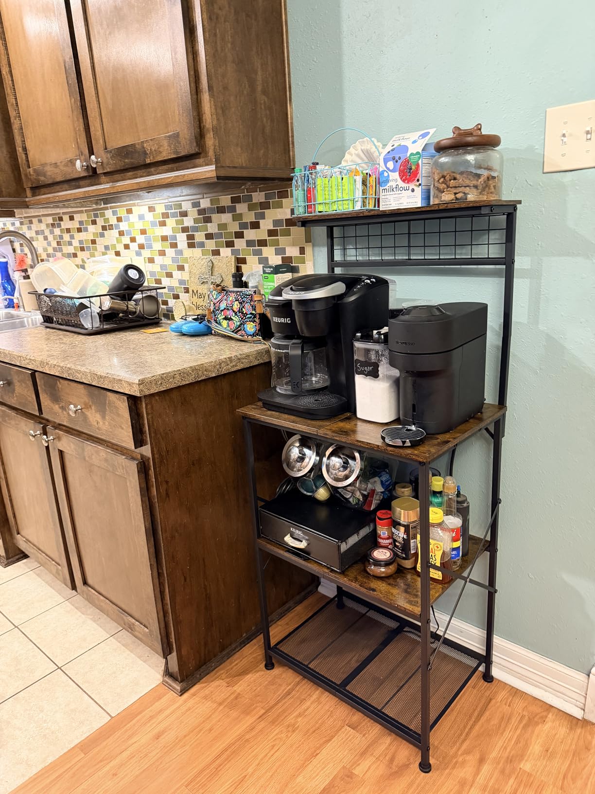 Furologee Kitchen Bakers Rack with Power Outlet, Microwave Oven Stand with Storage 4 Tiers, Coffee Bar Table with 6 S Hooks, Kitchen Storage Shelf Rack for Spices, Pots, Rustic Brown customer photo 2