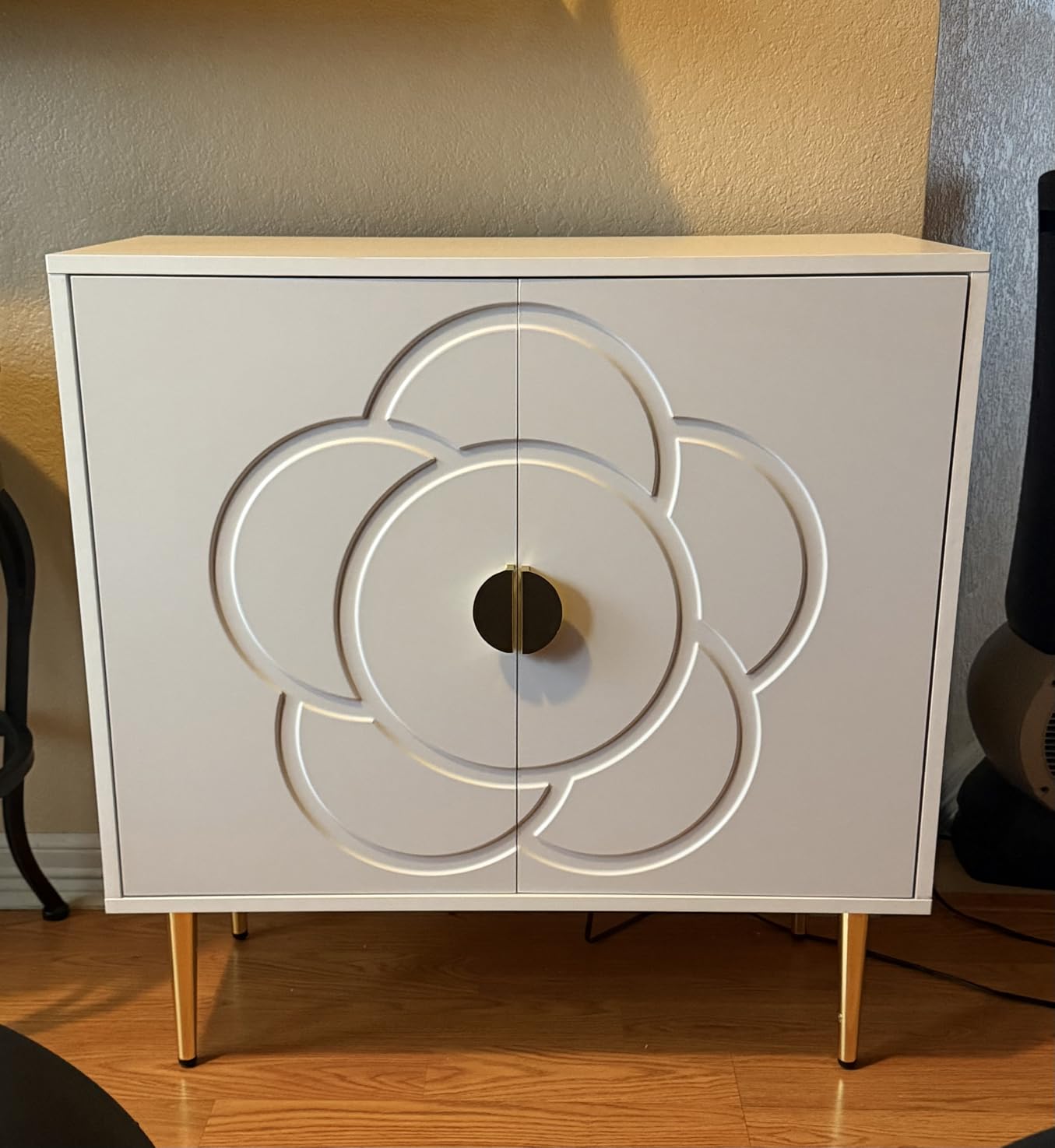 TOLEAD Storage Cabinet, Modern Cabinet with Decorative Flower Pattern Doors, Accent Sideboard Buffet Cabinet for Hallway, Living Room, Kitchen, White customer photo 1