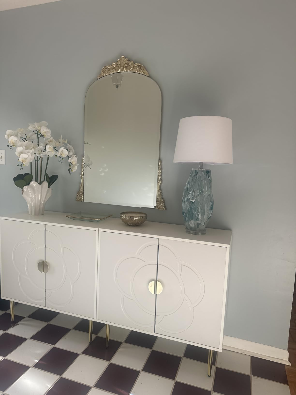 TOLEAD Storage Cabinet, Modern Cabinet with Decorative Flower Pattern Doors, Accent Sideboard Buffet Cabinet for Hallway, Living Room, Kitchen, White customer photo 2